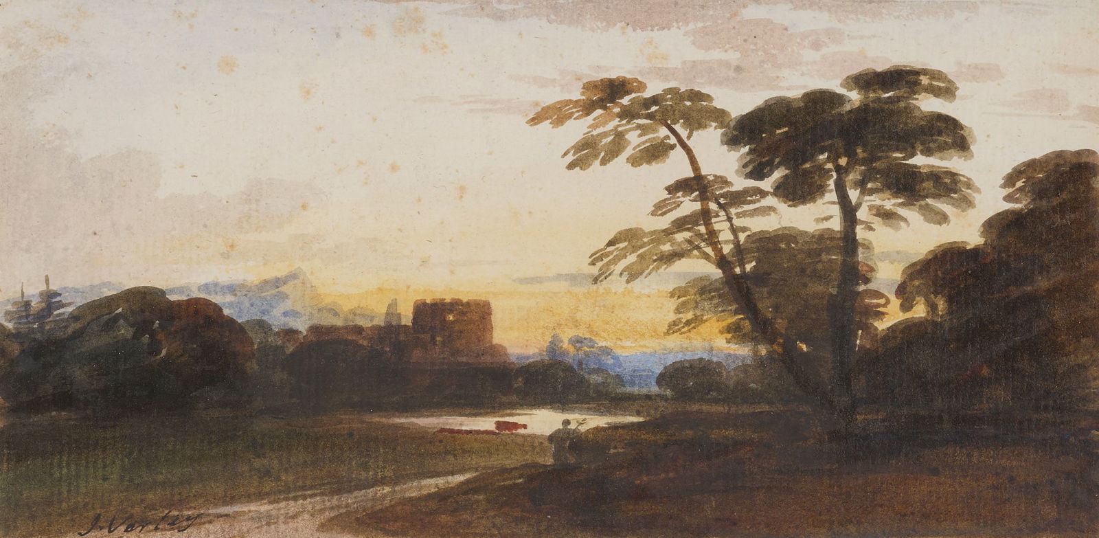 JOHN VARLEY (BRITISH 1778-1842): JOHN VARLEY (BRITISH 1778-1842) A LANDSCAPE WITH TOWER AT DUSK Signed, watercolour with gum arabic 12.5cm x 26cm (5in x 10.5in) Agnew's London, DB5670The Collection of Gordon & Ursula Bowyer