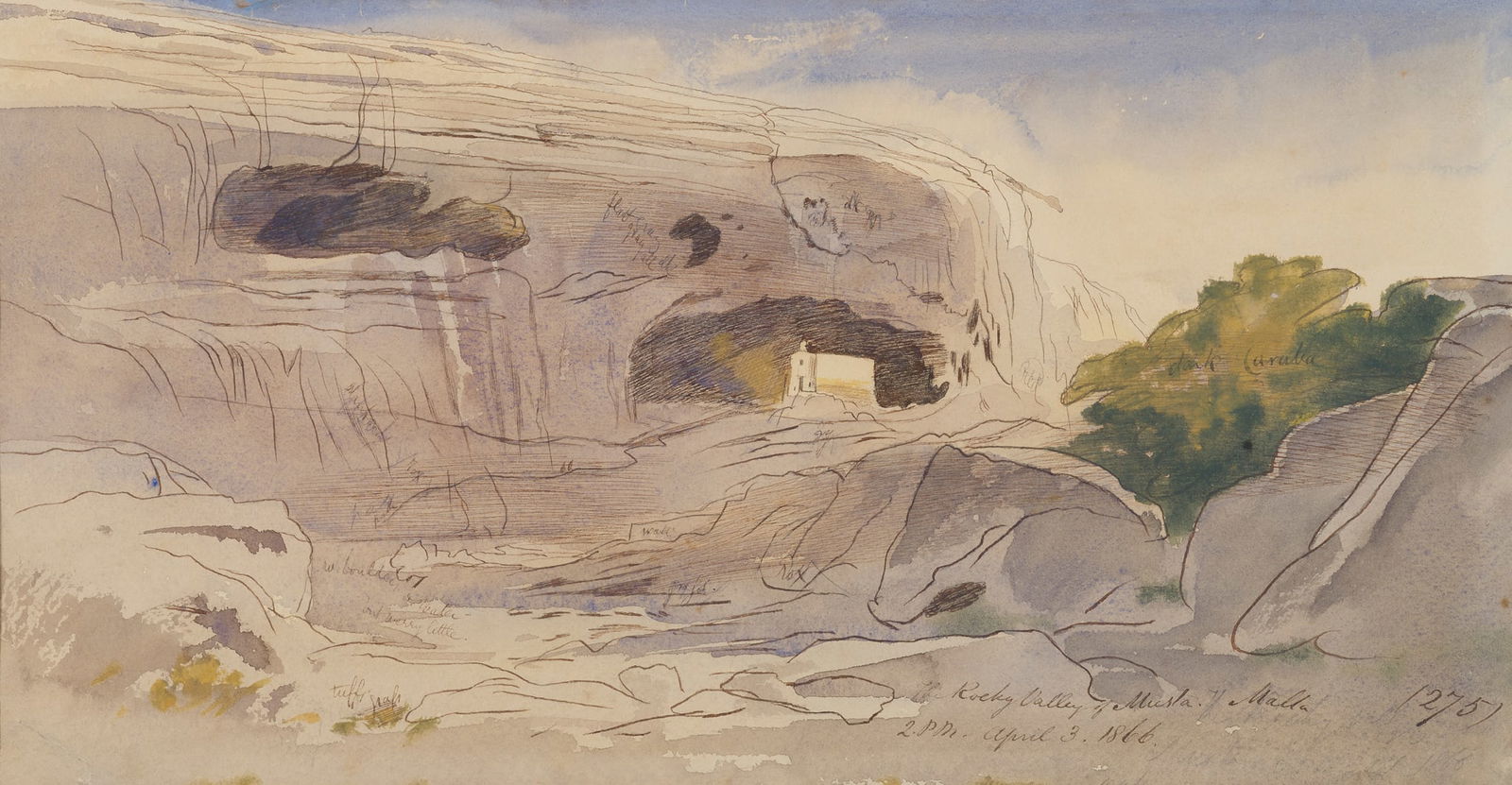 EDWARD LEAR (BRITISH 1812-1888): EDWARD LEAR (BRITISH 1812-1888) ROCKY VALLEY OF MUSTA, MALTA Inscribed with title and colour notes, dated 2P.M. April 3, 1866 and numbered 275, pen and ink and watercolour 23cm x 43.5cm (9in x 17.25in