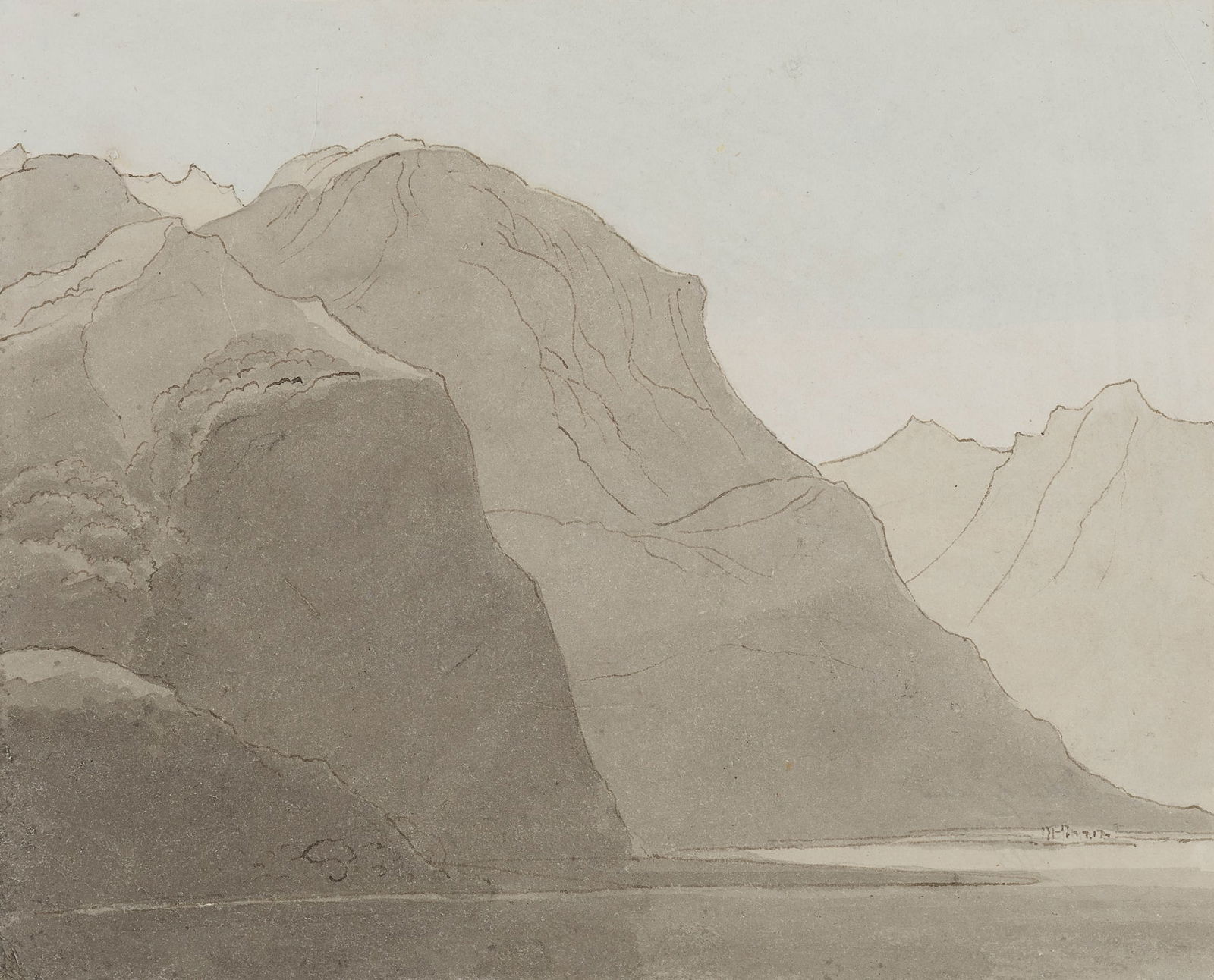 JOHN WHITE ABBOTT (BRITISH 1763-1851): JOHN WHITE ABBOTT (BRITISH 1763-1851) LAKE COMO Signed with initials, inscribed and numbered 19 on the reverse of original mount, pencil, pen and ink and wash 16.5cm x 20.5cm (6.5in x 8in) By descent
