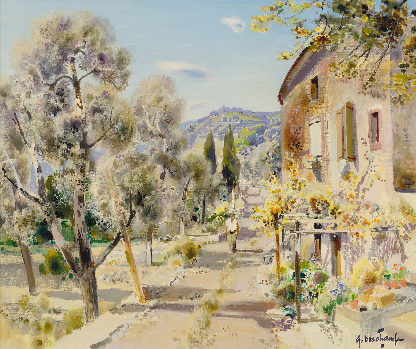 § GABRIEL DESCHAMPS (20TH CENTURY FRENCH): GABRIEL DESCHAMPS (20TH CENTURY FRENCH) OLIVIERS DANS LA CAMPAGNE DE GRASSE Signed, inscribed with title verso, oil on canvas 46cm x 56cm (18in x 22in)