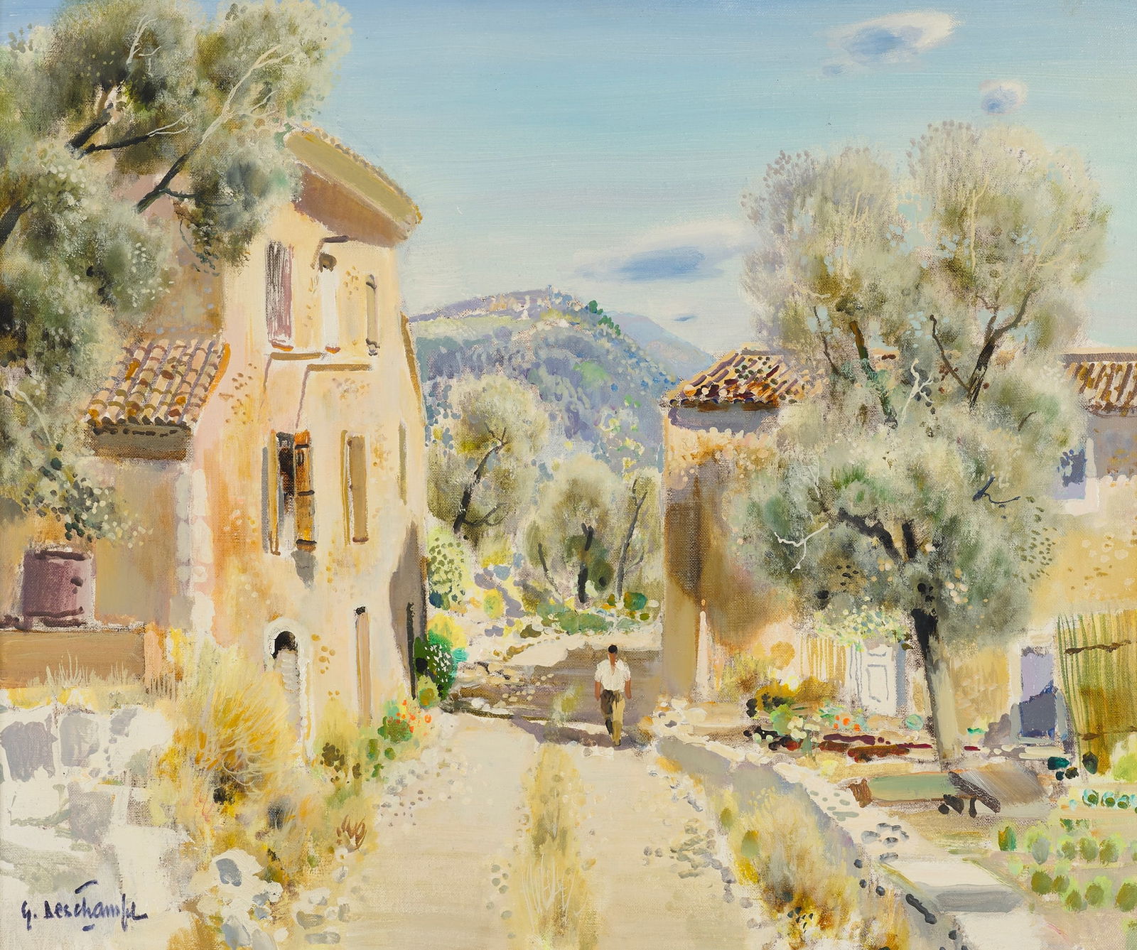 § GABRIEL DESCHAMPS (20TH CENTURY FRENCH): GABRIEL DESCHAMPS (20TH CENTURY FRENCH) ROAD THROUGH THE VILLAGE Signed, oil on canvas 46cm x 56cm (18in x 22in)