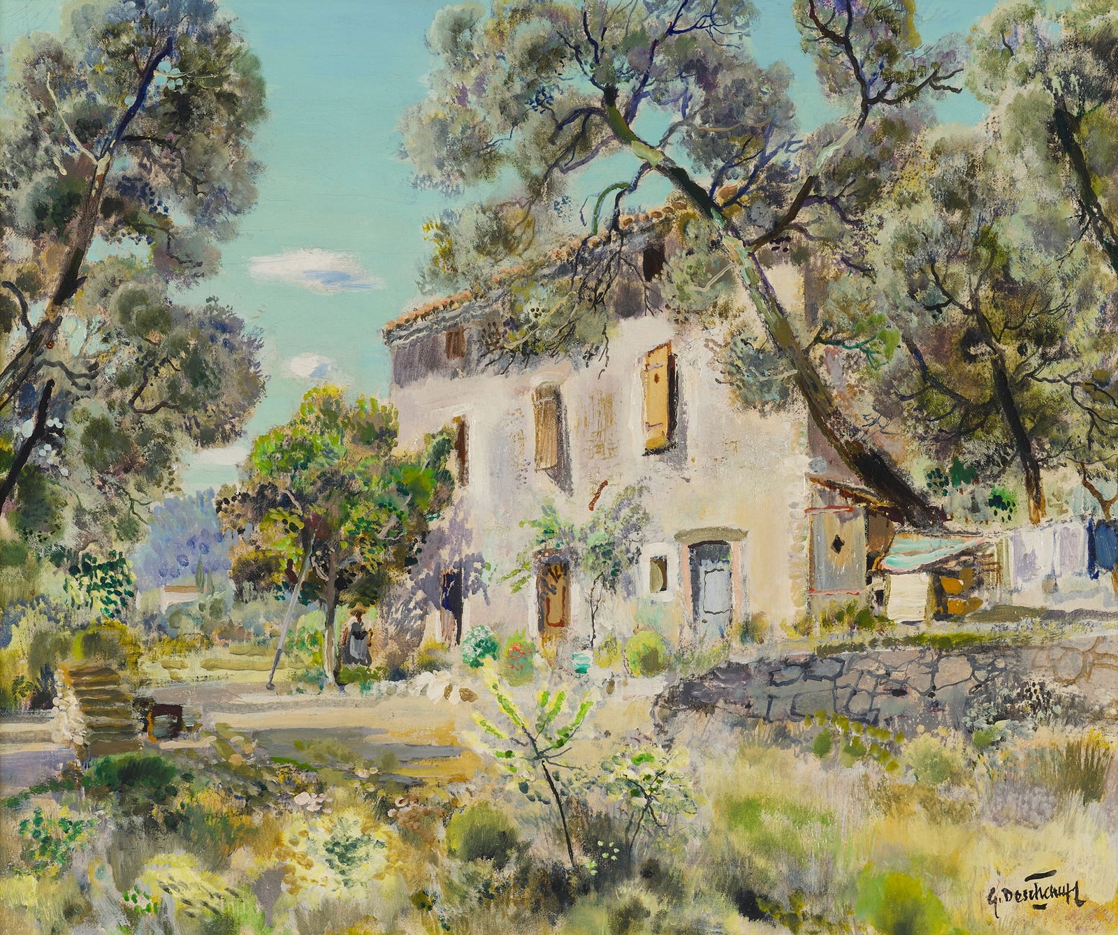 § GABRIEL DESCHAMPS (20TH CENTURY FRENCH): GABRIEL DESCHAMPS (20TH CENTURY FRENCH) IN THE SOUTH OF FRANCE Signed, oil on canvas 46cm x 56cm (18in x 22in)
