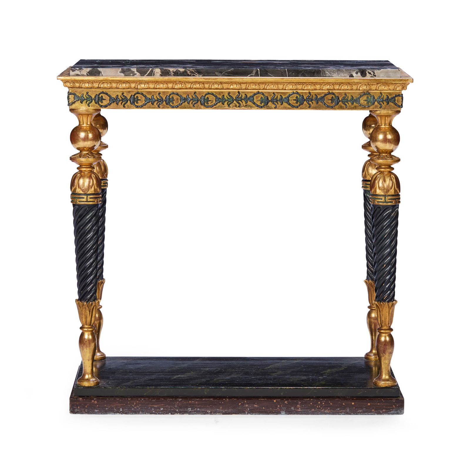 SWEDISH NEOCLASSICAL EBONISED AND PARCEL-GILT MARBLE TOP CONSOLE TABLE AND MIRROR: SWEDISH NEOCLASSICAL EBONISED AND PARCEL-GILT MARBLE TOP CONSOLE TABLE AND MIRROR EARLY 19TH CENTURY the Nero Portoro marble insert top above a gilt frieze with foliate patinated mounts, raised on spi