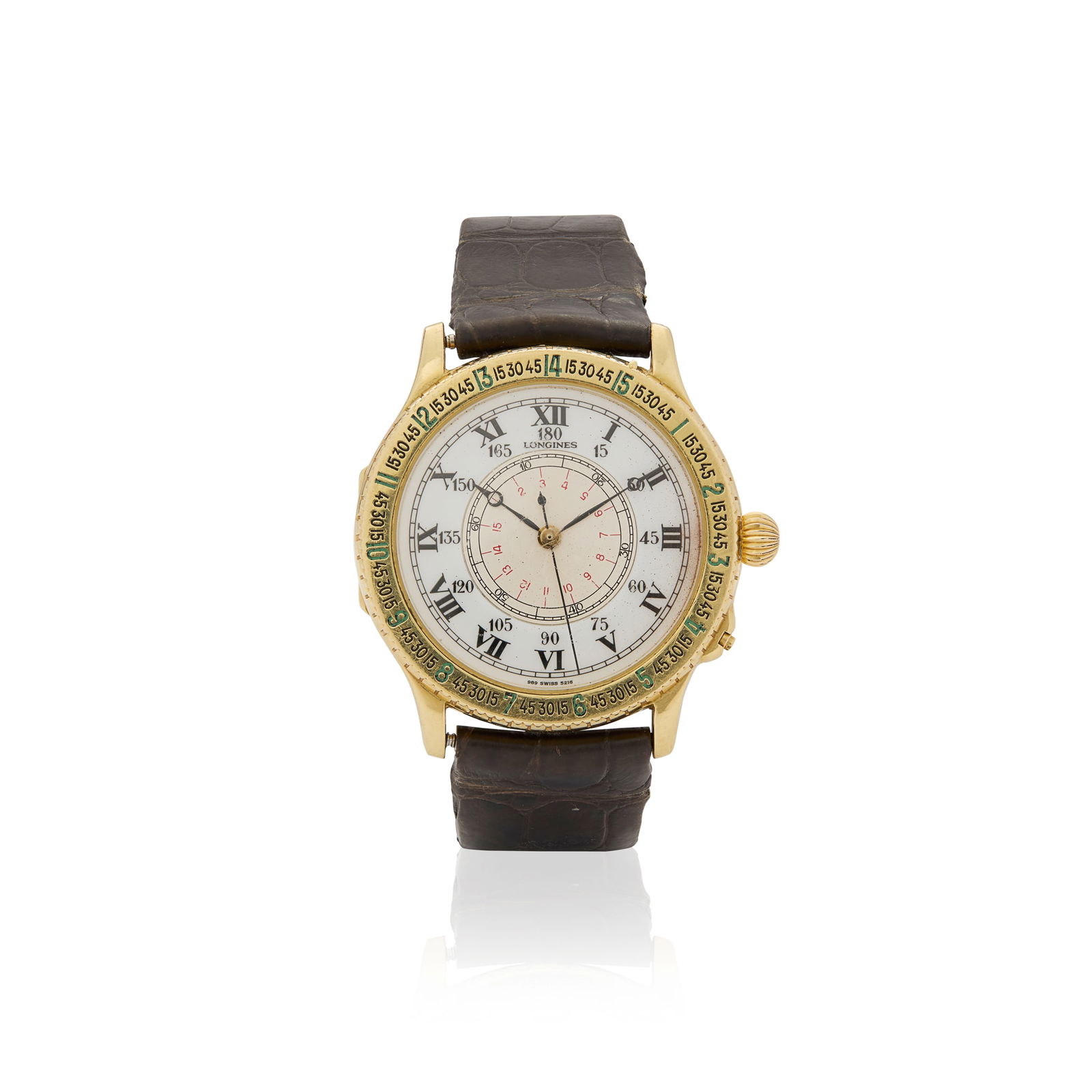 Y Longines. An unusual commemorative 18k gold automatic aviators wristwatch: Longines. An unusual commemorative 18k gold automatic aviators wristwatch Lindbergh 1927-1987, Ref.989.5216, Case No.24763484, Movement No.58048909, made in 1987 Cal.989.2 self-winding 25 jewel moveme