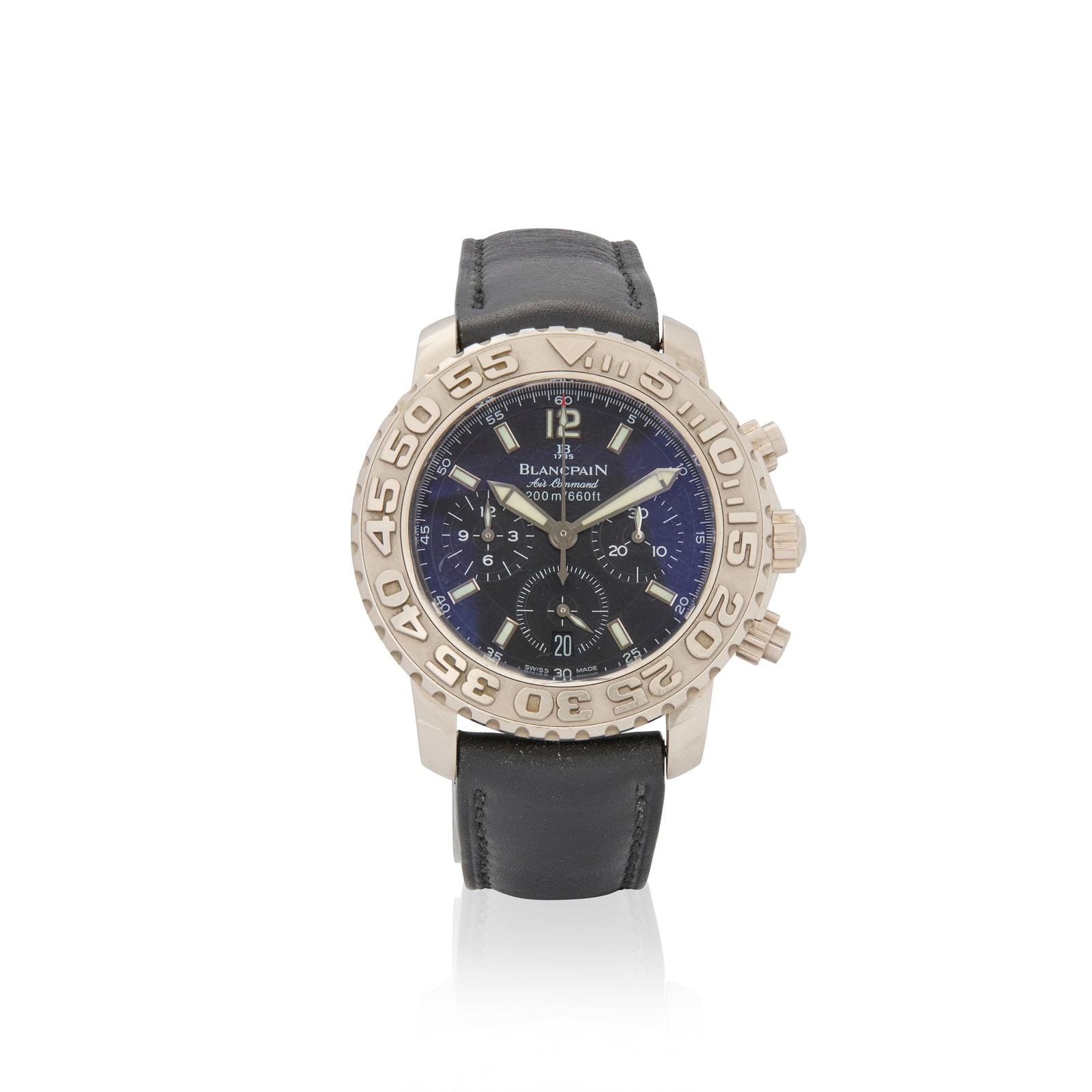 Blancpain. A fine and rare 18k white gold automatic flyback chronograph wristwatch: Blancpain. A fine and rare 18k white gold automatic flyback chronograph wristwatch Air Command Trilogy Collection, Ref.2285F-1430-64B, No.50, made circa 2001 Cal.F185 self-winding 37 jewel movement, b