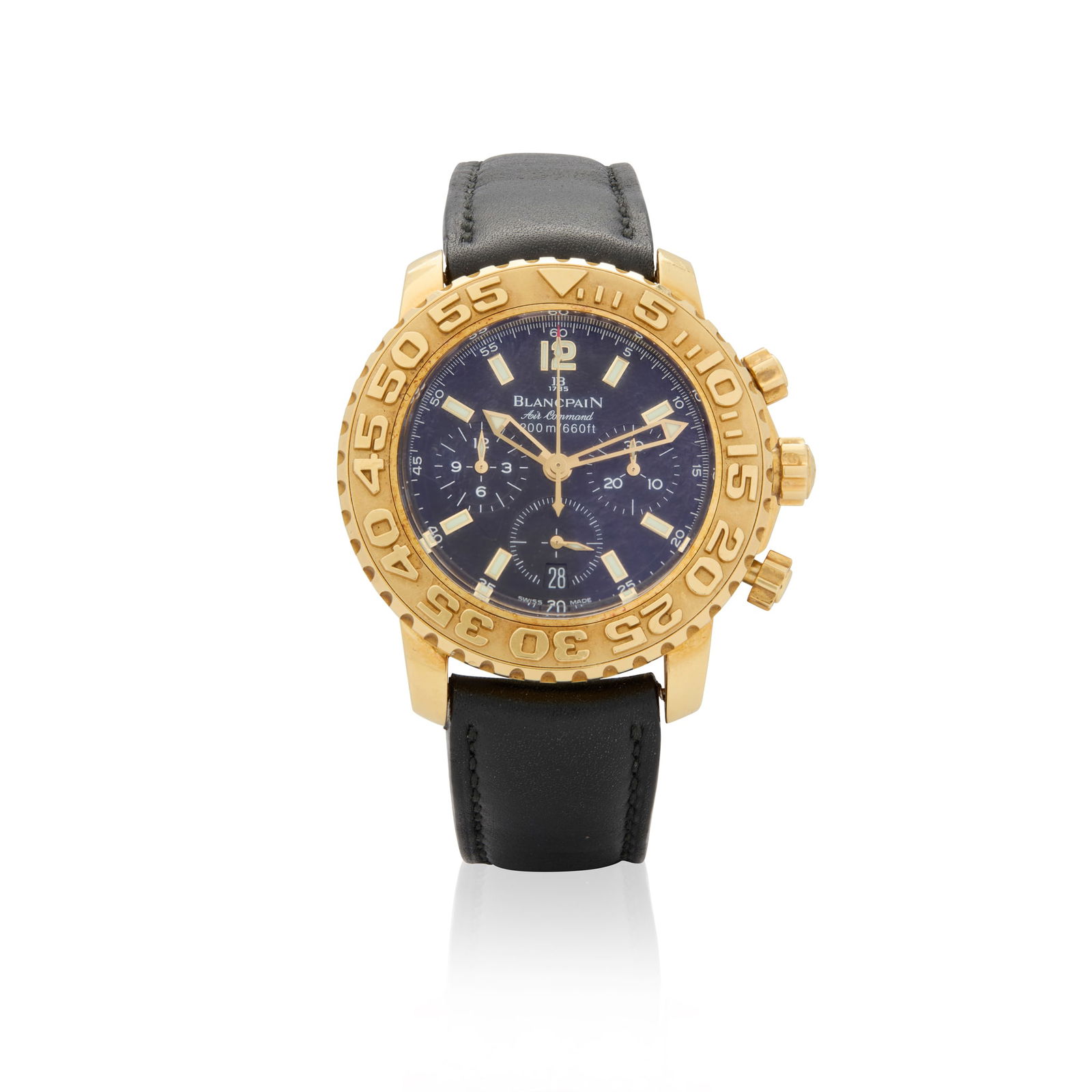 Blancpain. A fine and rare 18k gold automatic flyback chronograph wristwatch: Blancpain. A fine and rare 18k gold automatic flyback chronograph wristwatch Air Command Trilogy Collection, Ref.2285F, No.50, made circa 2001 Cal.F185 self-winding 37 jewel movement, black dial with