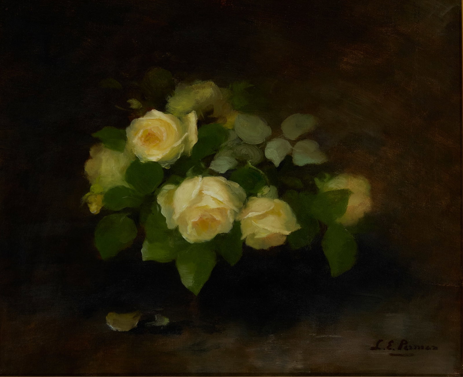 LOUISE ELLEN PERMAN (SCOTTISH 1854-1921): LOUISE ELLEN PERMAN (SCOTTISH 1854-1921) YELLOW ROSES Signed, oil on canvas 44.5cm x 54.5cm (17.5in x 21.5in)