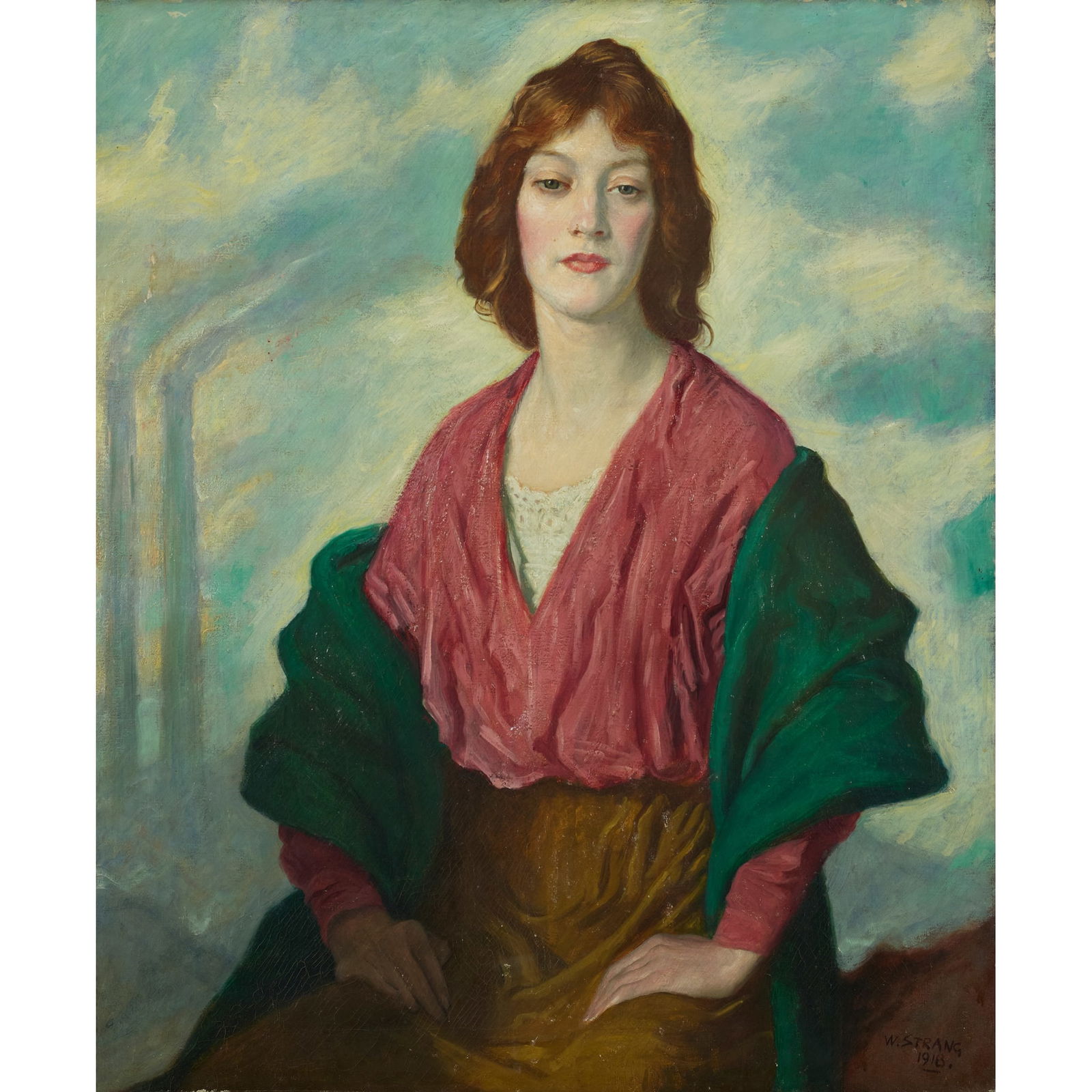 WILLIAM STRANG R.A., R.P.E. (SCOTTISH 1859-1921): WILLIAM STRANG R.A., R.P.E. (SCOTTISH 1859-1921) THE MILL GIRL Signed and dated 1918, oil on canvas 91cm x 76cm (36in x 30in)