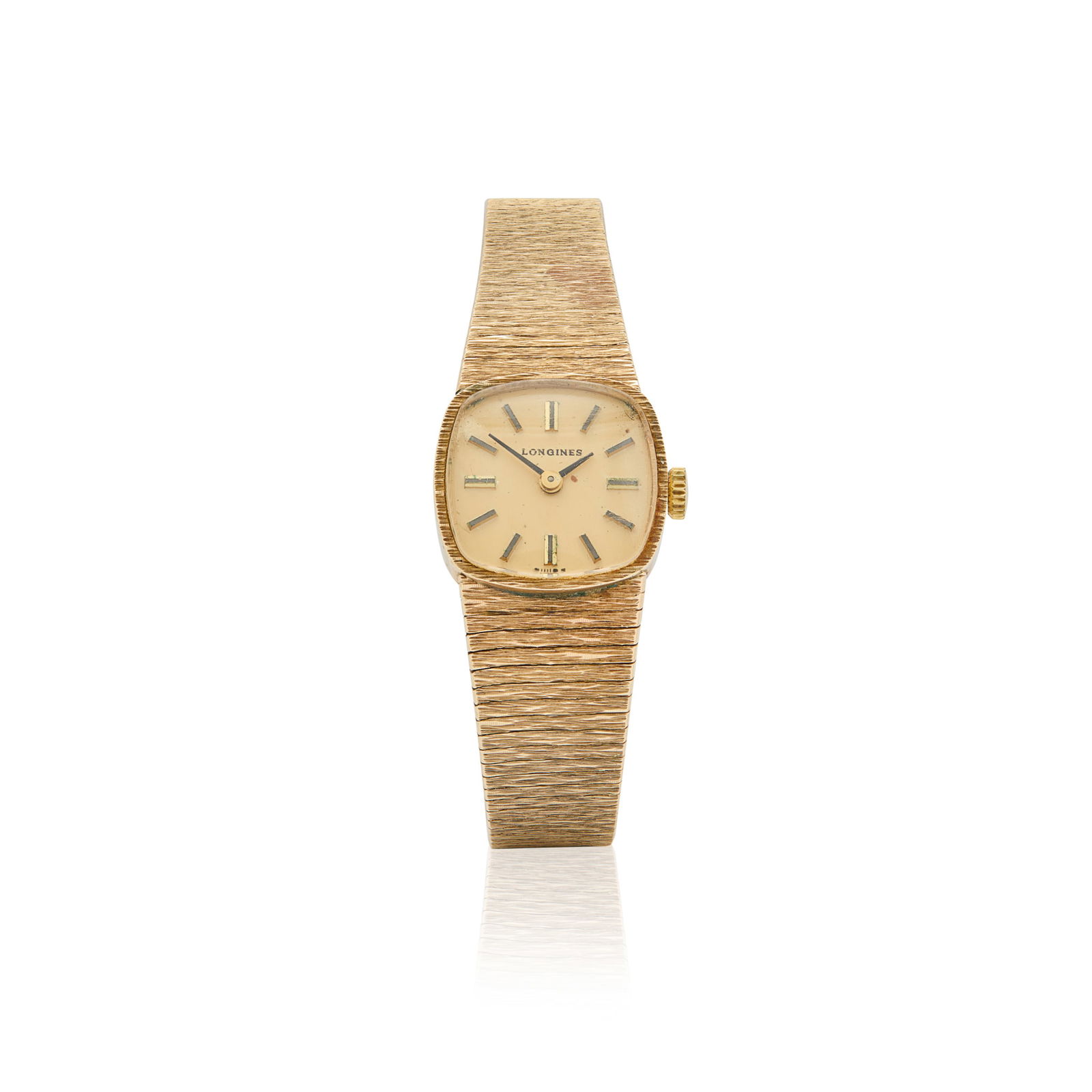 Longines. A Ladies 9k gold mechanical bracelet watch: Longines. A Ladies 9k gold mechanical bracelet watch Movement No.55226444, 1982 Hand-wound mechanical 17 jewel movement, champagne dial with black batons, 9k gold cushion shape case with 25 years serv