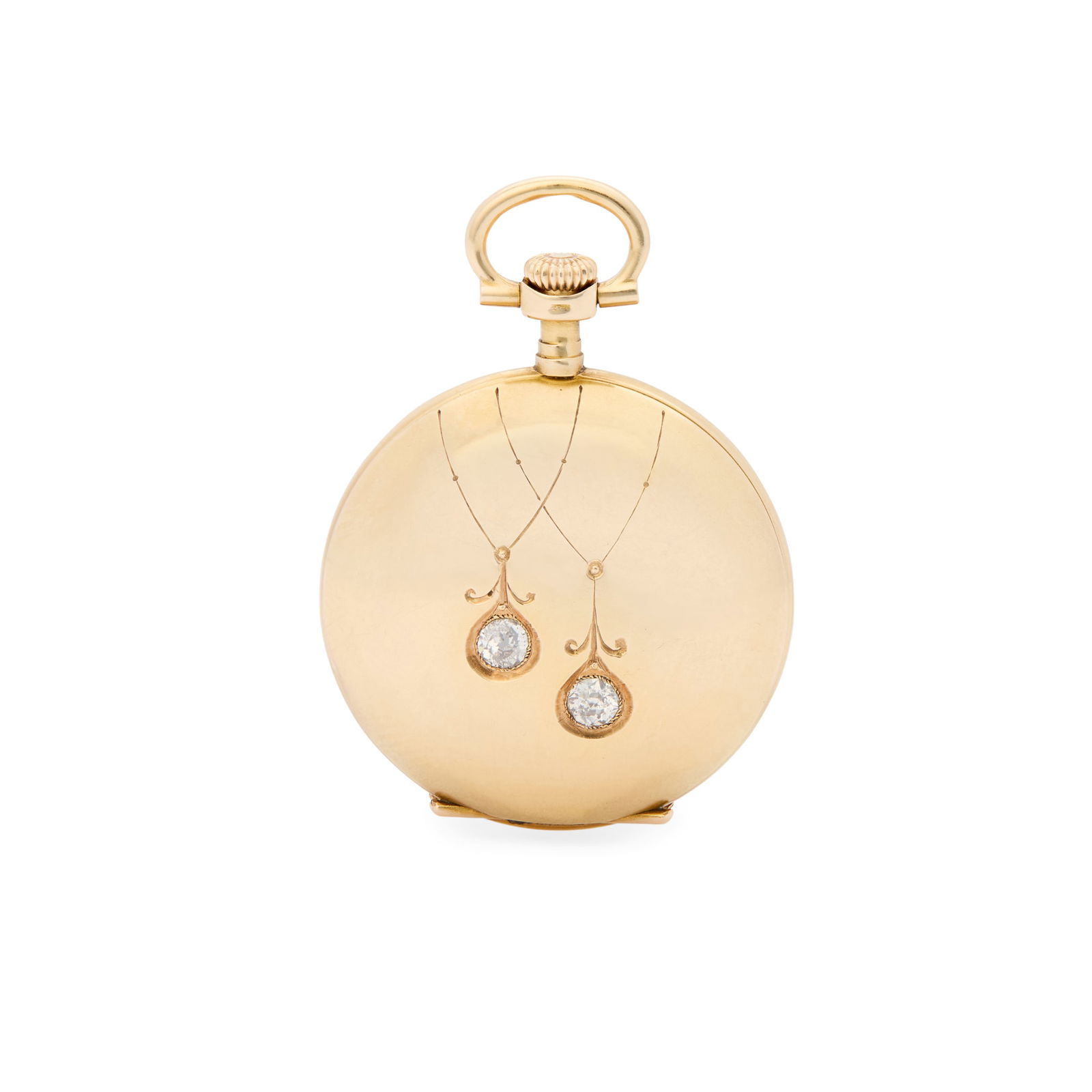 Longines. A 14k gold mechanical hunting cased fob watch with stone set cover: Longines. A 14k gold mechanical hunting cased fob watch with stone set cover No.2928499, made circa 1910 Hand-wound movement, white enamel dial with Breguet style numbers, gilt hands, hinged 14k gold