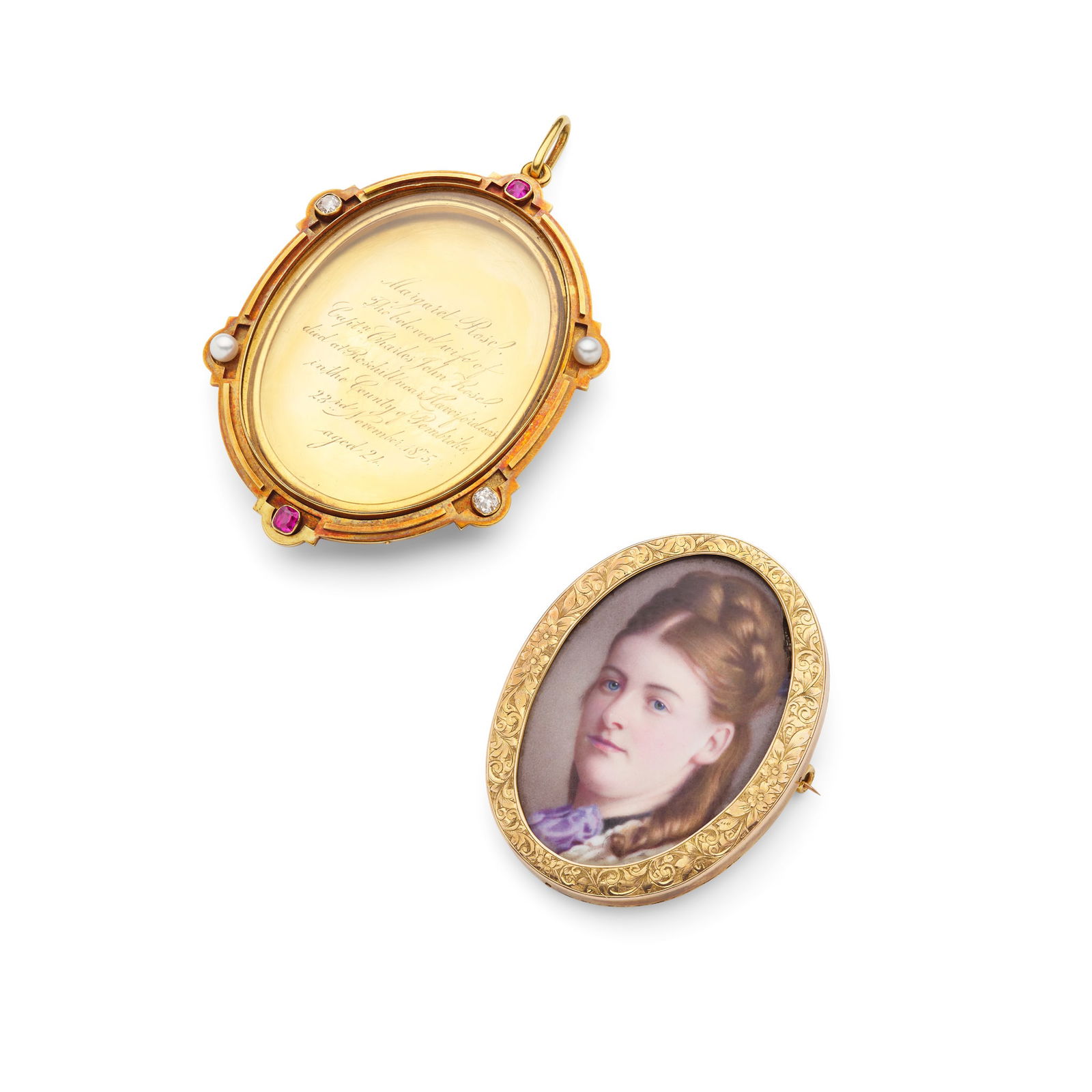 A 19th century enamel portrait miniature and additional mount, circa 1875: A 19th century enamel portrait miniature and additional mount, circa 1875 The portrait miniature depicting a young woman with auburn hair and a purple scarf, the border with engraved detail, unmarked;
