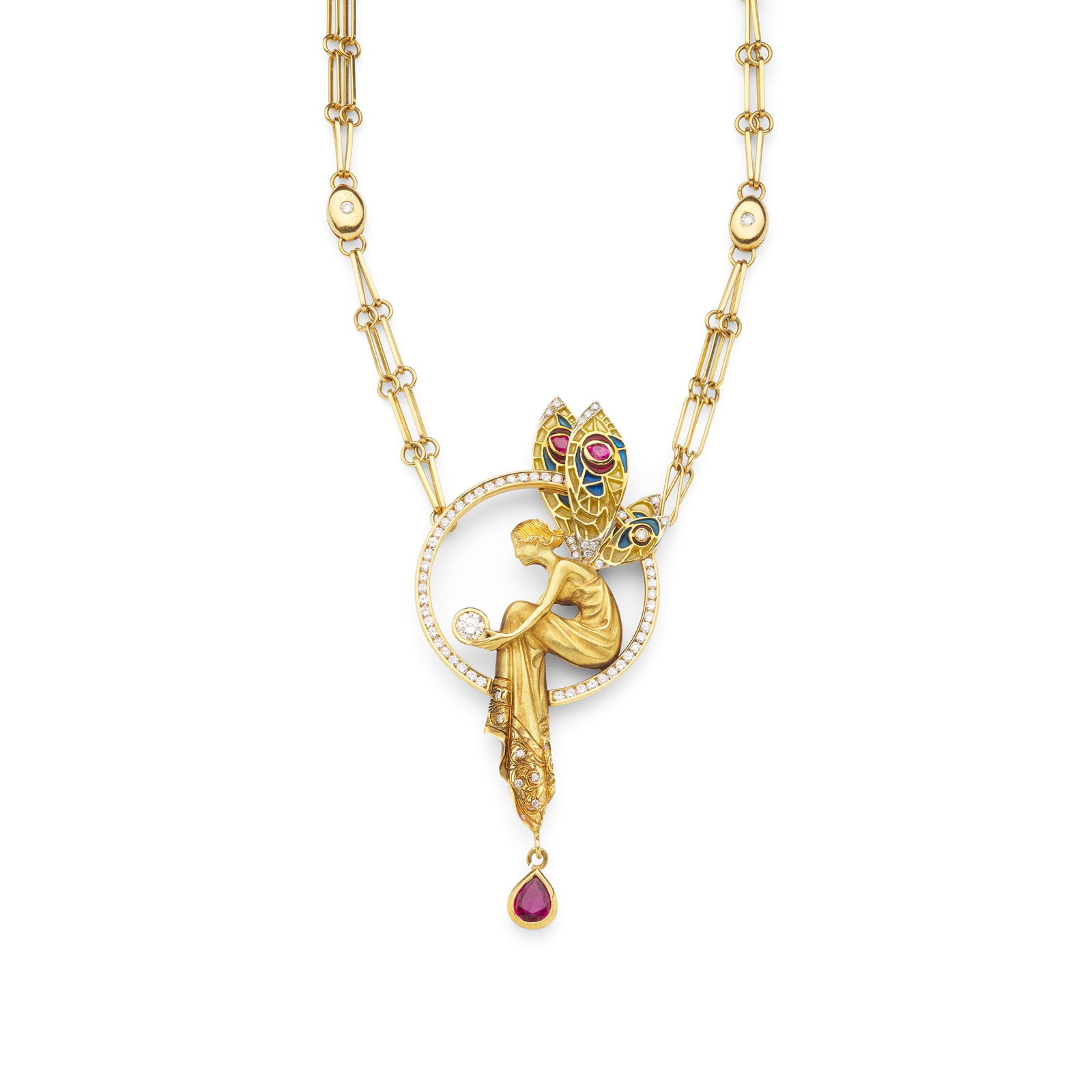 Mappin & Webb: An 18ct gold enamel and multi-gem 'fairy' pendant: Mappin & Webb: An 18ct gold enamel and multi-gem 'fairy' pendant Modelled as a fairy holding a collet-set round brilliant-cut diamond, the wings depicted with piqué-a-jour enamel and small round-