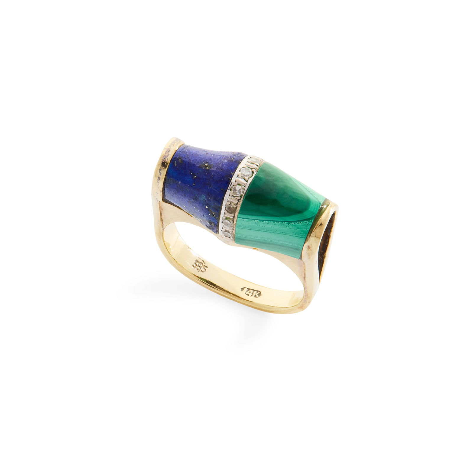 A lapis lazuli, diamond and malachite dress ring: A lapis lazuli, diamond and malachite dress ring Set with two domed panels of lapis lazuli and malachite, with a central row of eight-cut diamonds, plain band, stamped 14k 585 Ring size: L/M