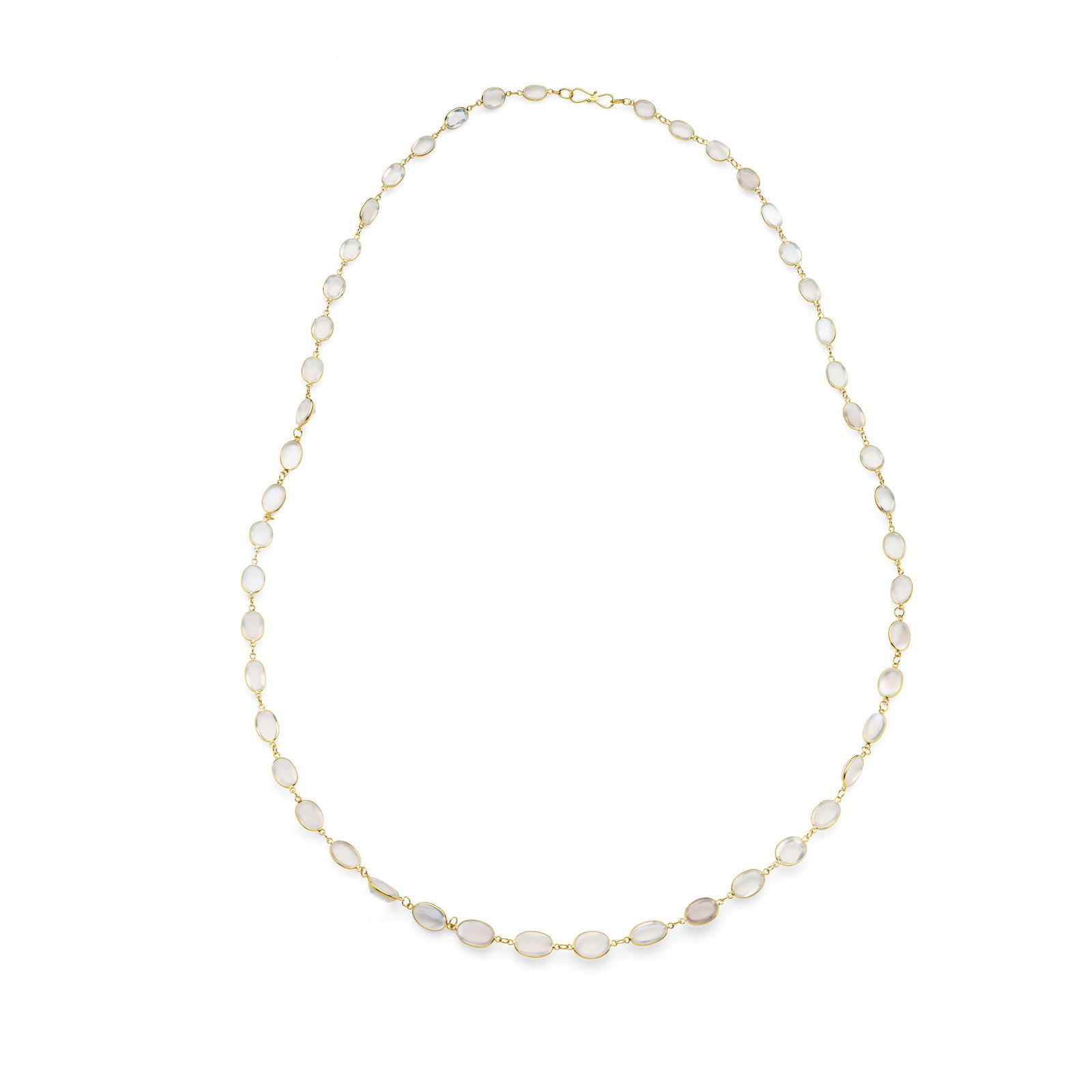 A moonstone necklace: A moonstone necklace Composed of a single strand of spectacle-set graduated cabochon moonstones, hook clasp, stamped 585 Length: 60.0cm