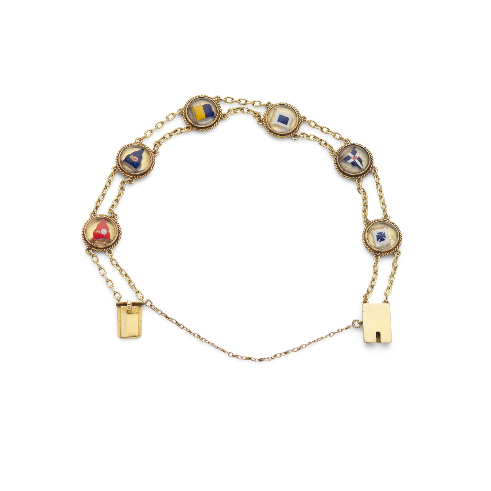 Benzie of Cowes: An Essex crystal nautical flag bracelet: Benzie of Cowes: An Essex crystal nautical flag bracelet Composed of six Essex-crystal panels depicting various nautical flags, in a rope-twist border, joined by two rows of belcher links, box clasp,