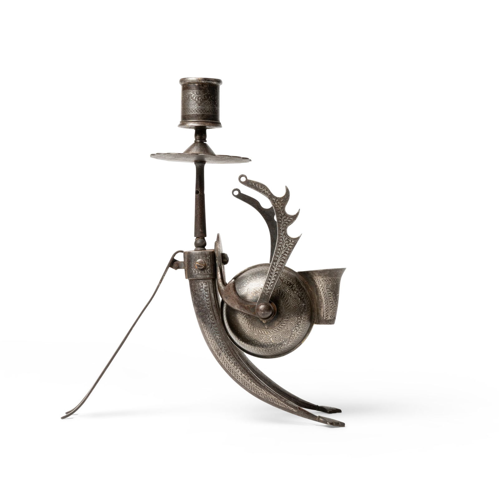 A SILVER KOFTGARI INLAID STEEL TRAVELLING SCRIBE'S CANDLESTICK AND INKWELL: A SILVER KOFTGARI INLAID STEEL TRAVELLING SCRIBE'S CANDLESTICK AND INKWELL INDIA, 19TH CENTURY the candlestick and inkwell perches on three legs, the sides decorated in silver inlay with bands of repe