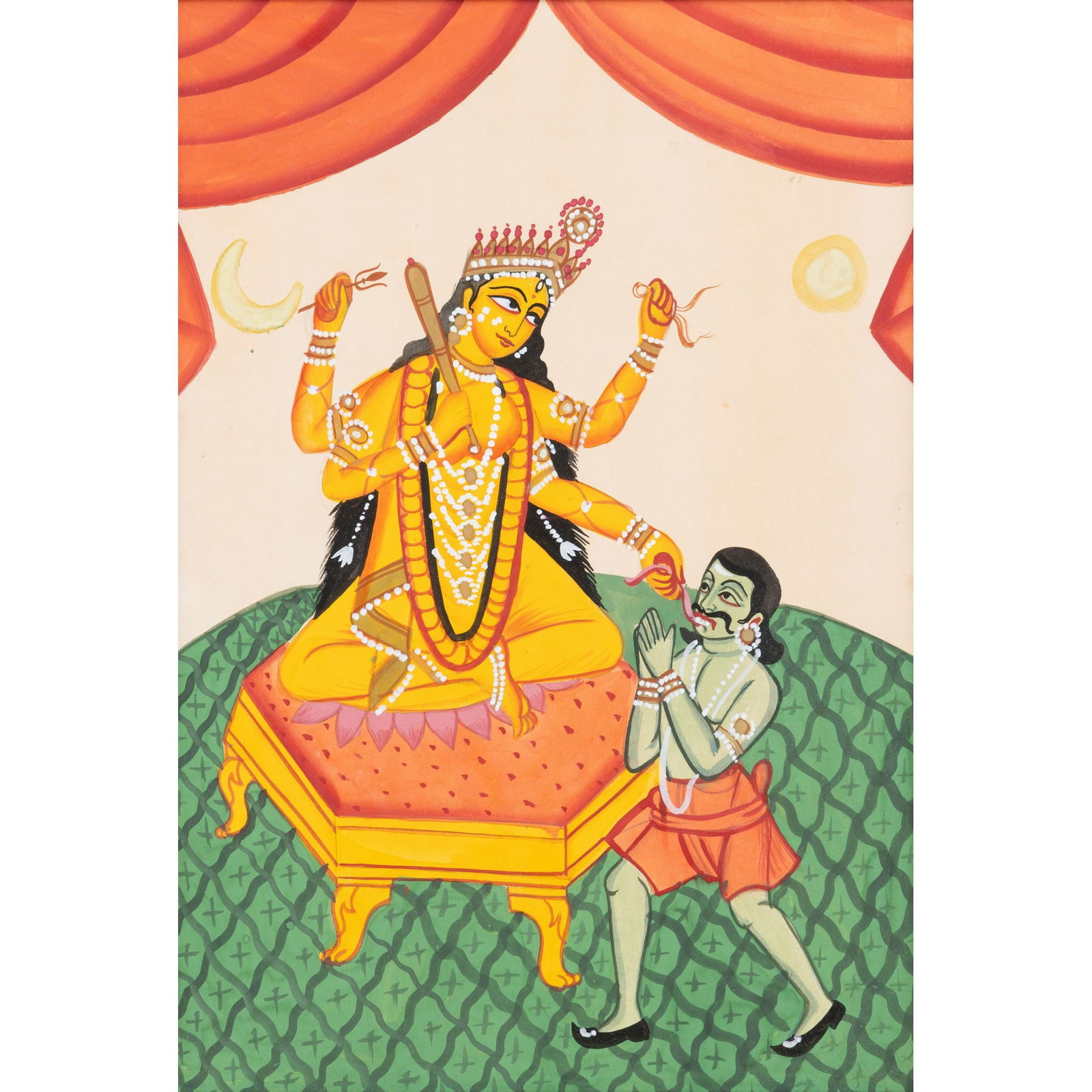 A KALIGHAT PAINTING OF KALI ON A THRONE WITH A DEMON: A KALIGHAT PAINTING OF KALI ON A THRONE WITH A DEMON INDIA, BENGAL, CALCUTTA, CIRCA 1920s gouache on paper, the goddess Kali is depicted seated on a throne with her characteristic attributes, one hand