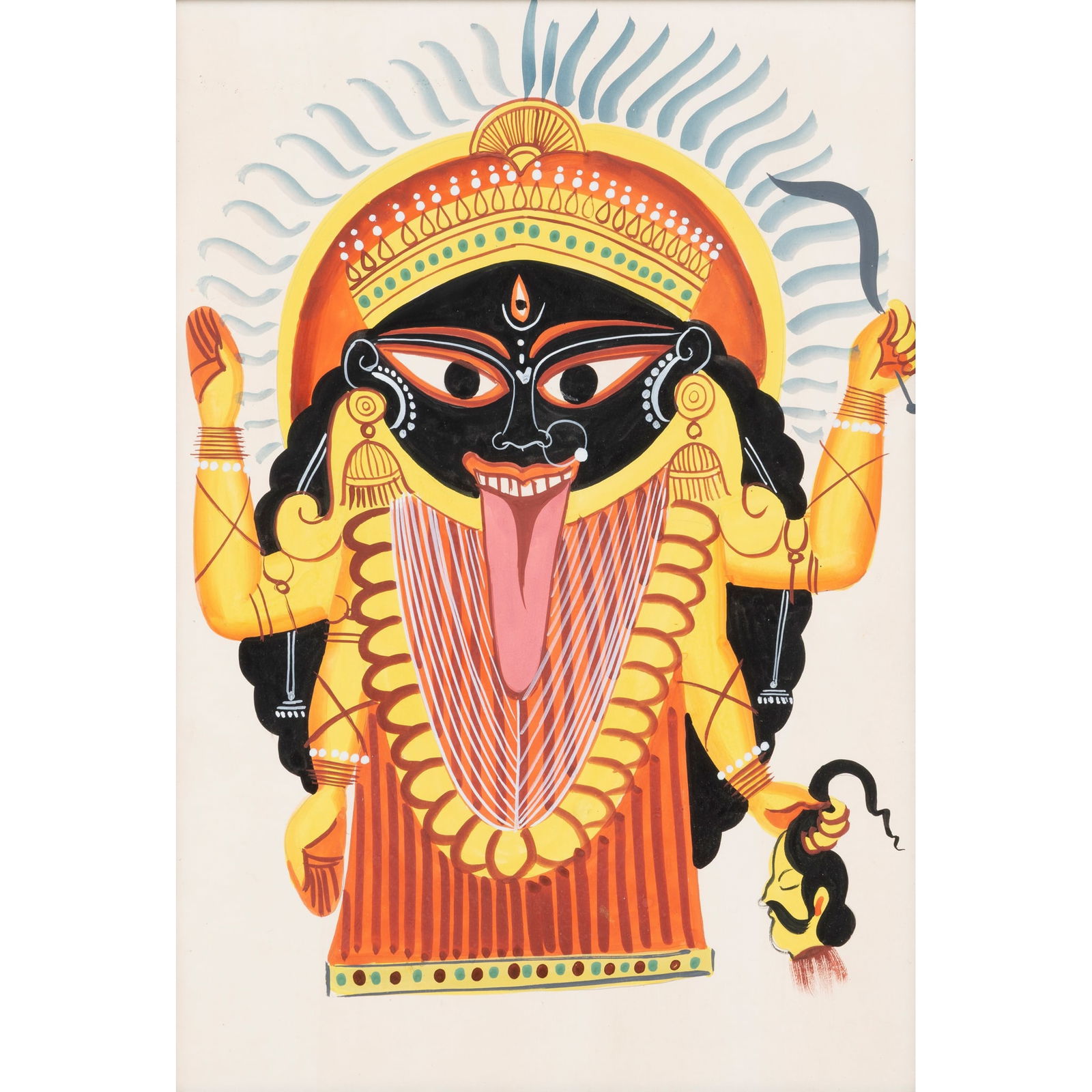 A KHALIGHAT PAINTING OF KALI: A KHALIGHAT PAINTING OF KALI INDIA, BENGAL SCHOOL, CALCUTTA, CIRCA 1920s gouache on paper, depicting a large-size black figure of Kali holding a sickle and severed head in her left hands, glazed
