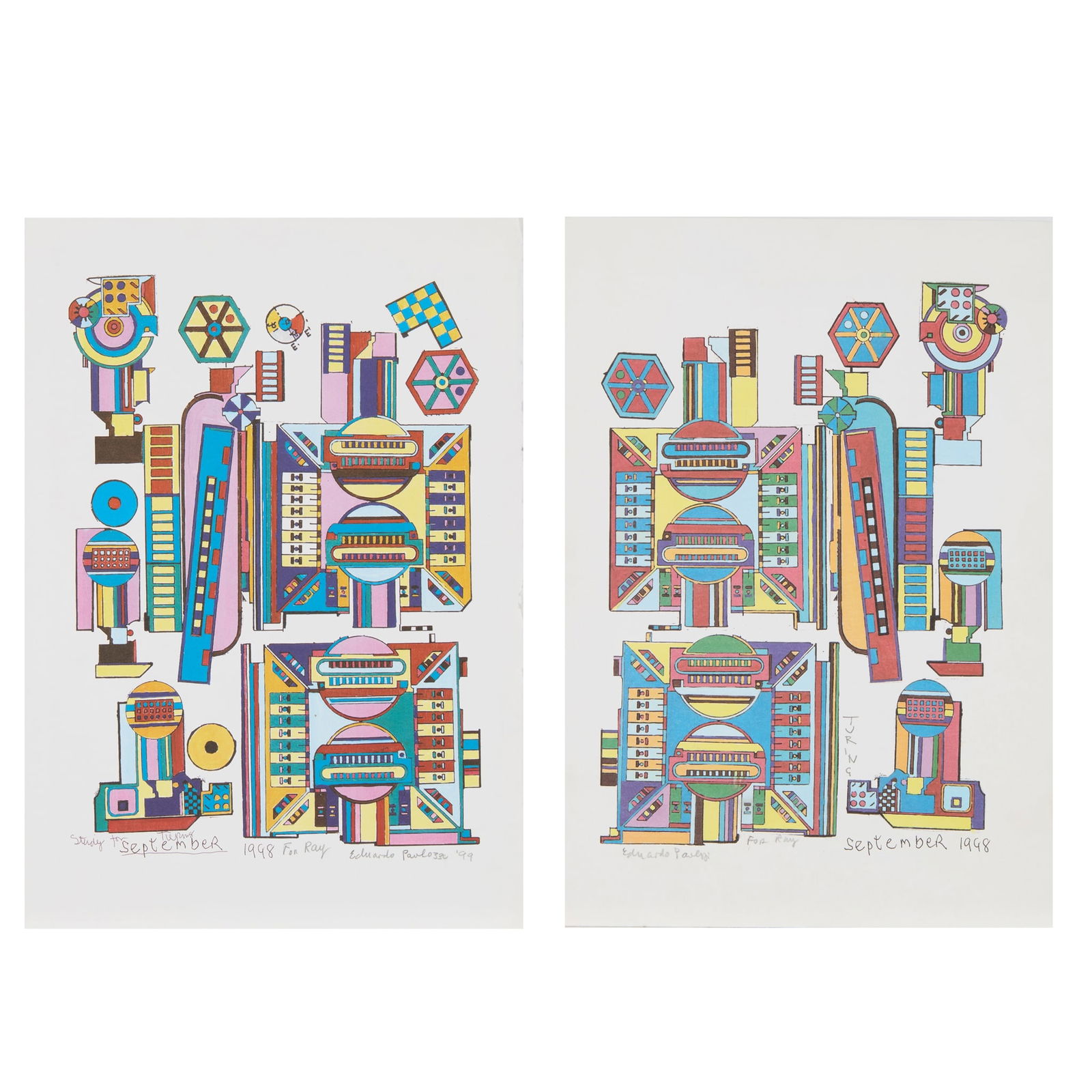 § EDUARDO PAOLOZZI K.B.E., R.A., H.R.S.A. (SCOTTISH 1924-2005): EDUARDO PAOLOZZI K.B.E., R.A., H.R.S.A. (SCOTTISH 1924-2005) TWO LITHOGRAPHS: 'TURING' & 'STUDY FOR TURING, SEPTEMBER' - 1998 Two lithographs, each signed and inscribed ‘For Ray' in pencil (2) e