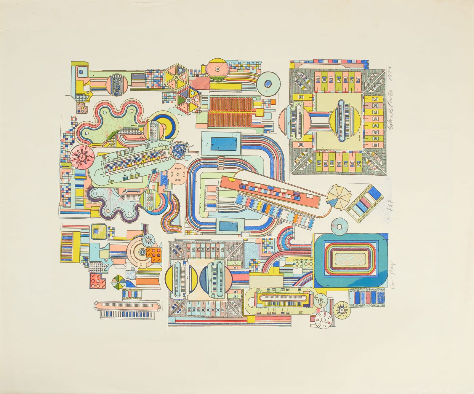 § EDUARDO PAOLOZZI K.B.E., R.A., H.R.S.A. (SCOTTISH 1924-2005): EDUARDO PAOLOZZI K.B.E., R.A., H.R.S.A. (SCOTTISH 1924-2005) UNTITLED - 1984 Screenprint, A/P, signed, dated, editioned and inscribed ‘For Ray’ in pencil to margin the sheet 84.5cm x 70cm (33.25in