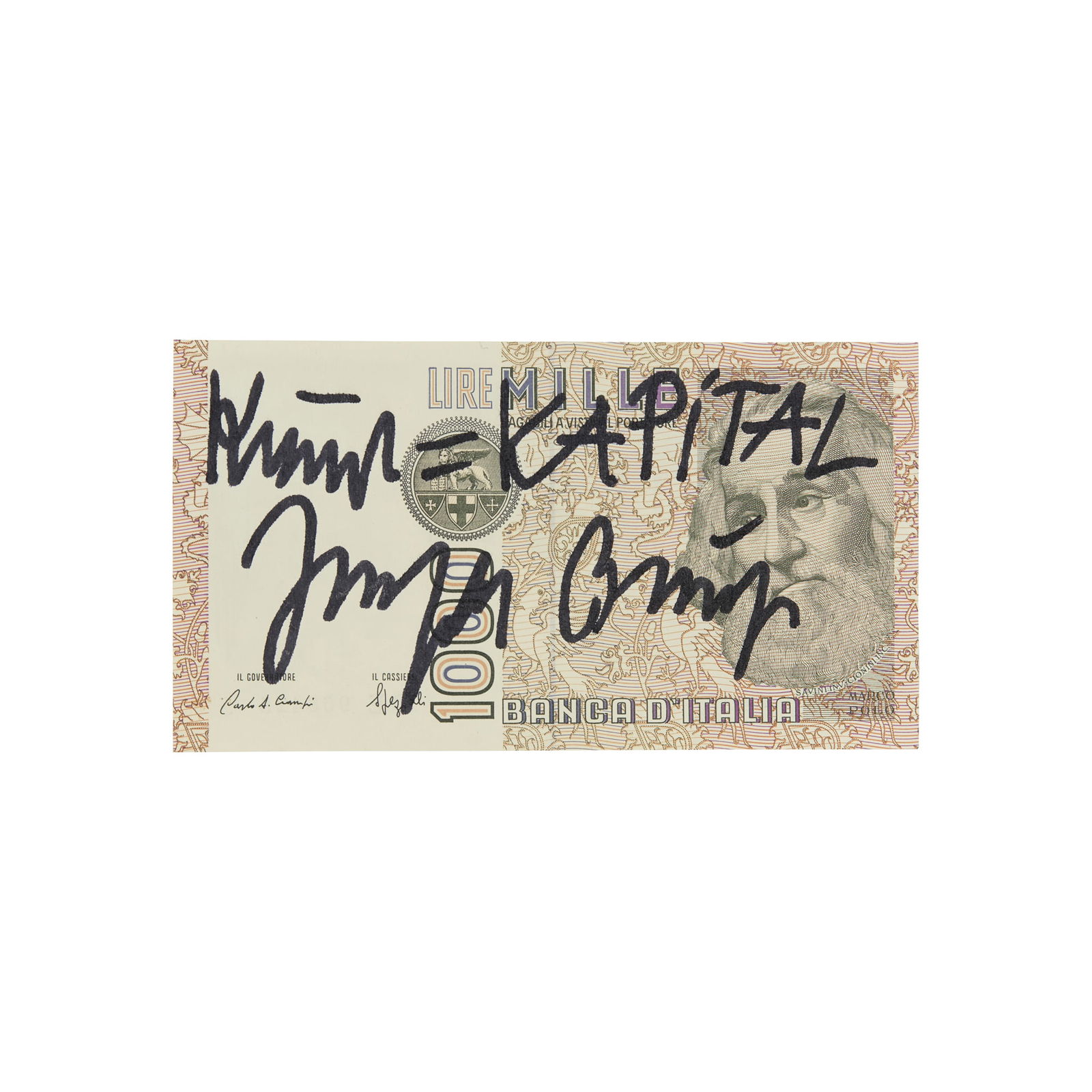 JOSEPH BEUYS (GERMAN 1921-1986): JOSEPH BEUYS (GERMAN 1921-1986) KUNST = KAPITAL 1000 Lire Mille banknote, signed and inscribed in black marker the sheet 6cm x 11cm (2.4in x 4.25in), unframed Artissima Art Fair, Turin, where ac