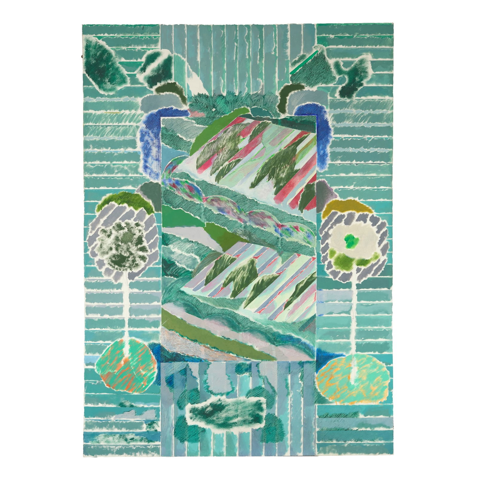 § CONTEMPORARY BRITISH SCHOOL: CONTEMPORARY BRITISH SCHOOL LANDSCAPES, LOUVRES Inscribed ‘R.J. Smith . . Wolverhampton College,' verso oil on canvas 173cm x 121cm (68in x 47.5in), unframed The Estate of Eric Robinson.