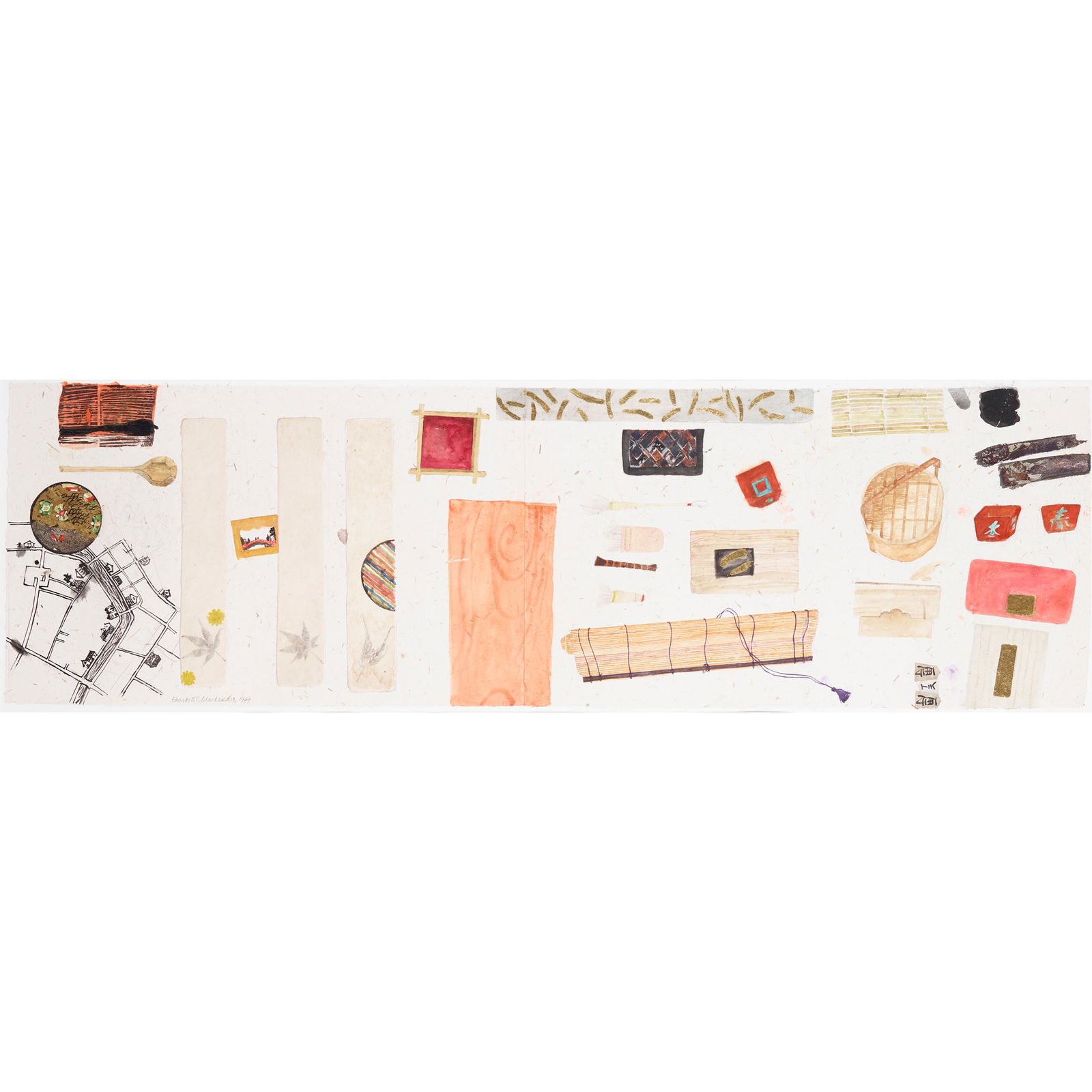 § DAME ELIZABETH BLACKADDER O.B.E., R.A., R.S.A., R.S.W., R.G.I., D.Litt (SCOTTISH 1931-2021): DAME ELIZABETH BLACKADDER O.B.E., R.A., R.S.A., R.S.W., R.G.I., D.Litt (SCOTTISH 1931-2021) JAPANESE STILL LIFE WITH BAMBOO - 1999 Signed and dated lower left, watercolour, collage, gouache, pencil, g