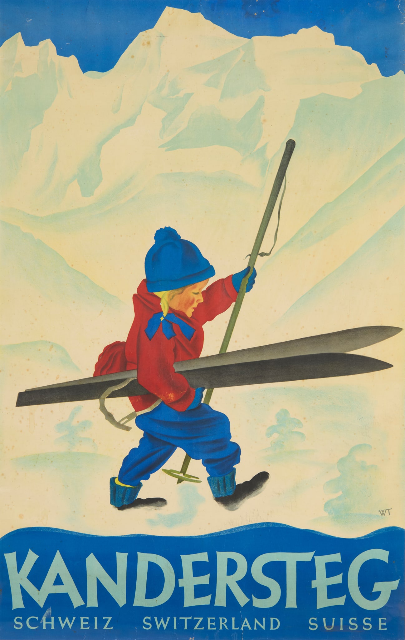 WILLI TRAPP (1905-1984): WILLI TRAPP (1905-1984) KANDERSTEG lithographic poster, 1930, condition B; backed on old linen, framed 39.5 x 24.5 in. (99 x 63 cm.)