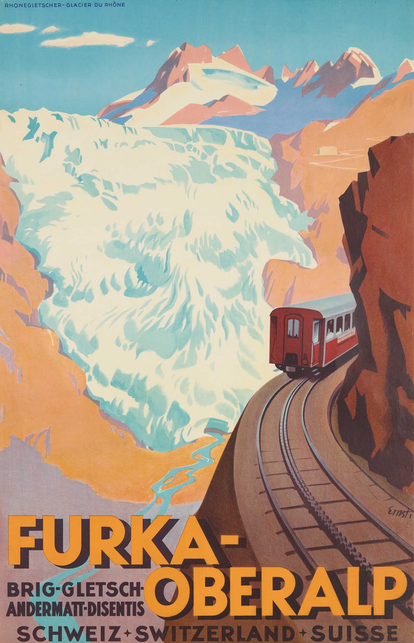 OTTO ERNST (1884-1967): OTTO ERNST (1884-1967) FURKA-OBERALP lithographic poster, c.1930, condition B+; backed on linen, framed 39 x 25.5 in. (99 x 65 cm.) 