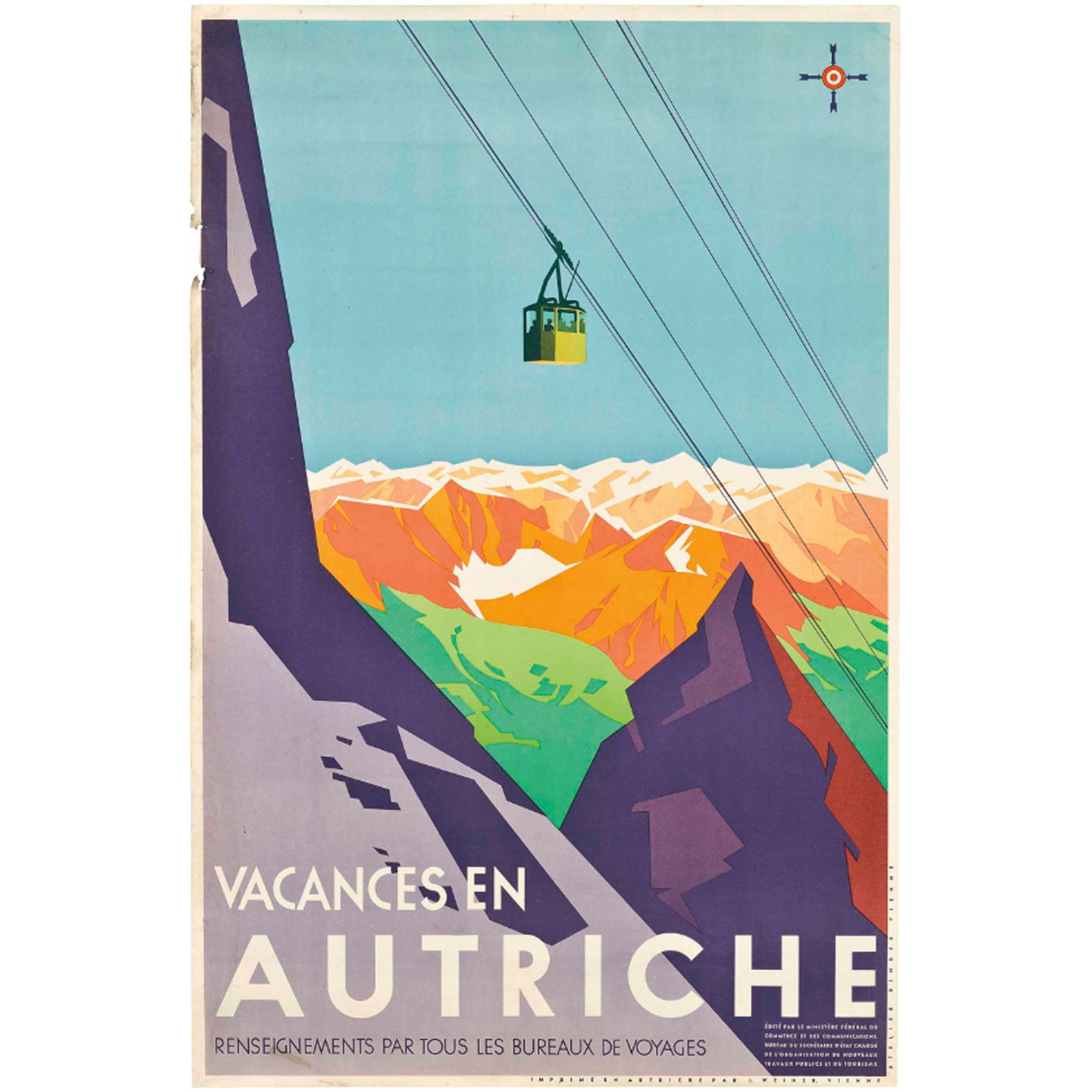 JOSEPH BINDER (1898-1972): JOSEPH BINDER (1898-1972) VACANCES EN AUTRICHE lithographic poster, condition B+/A-; not backed, framed 40 x 25 in. (102 x 64 cm.) Christie's London, ‘The Art of Travel’, 8