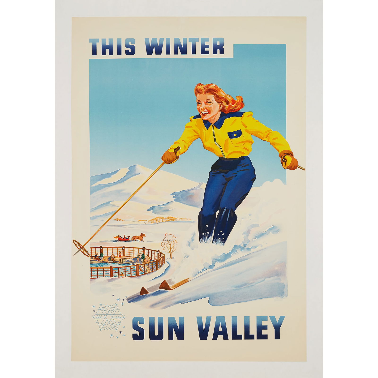 ANONYMOUS: ANONYMOUS SUN VALLEY offset lithographic poster, c.1955, condition A-; backed on linen, framed 39 x 26.5 in. (99 x 67 cm.)