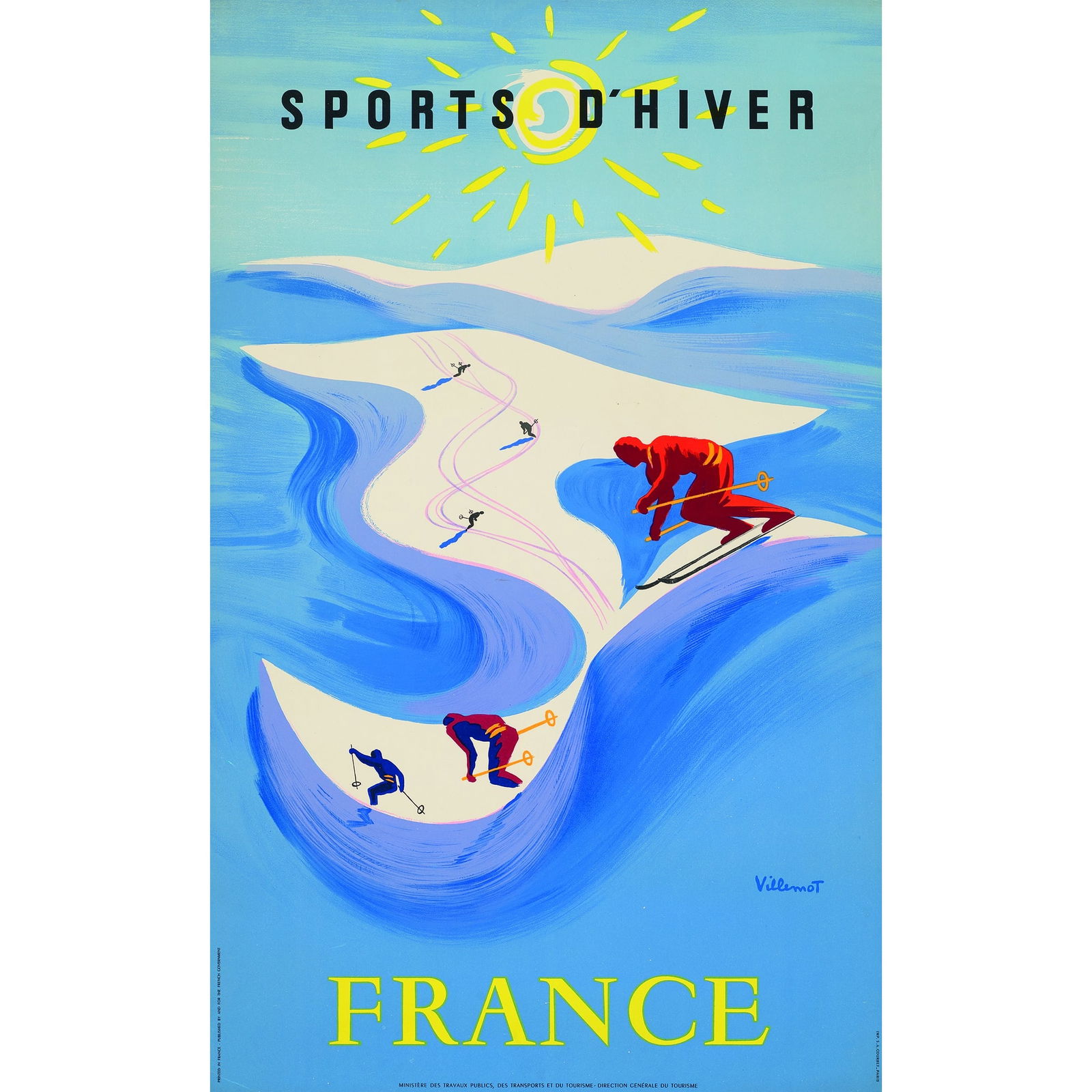 BERNARD VILLEMOT (1911-1989): BERNARD VILLEMOT (1911-1989) SPORTS D'HIVER lithographic poster, 1954, condition A-; backed on linen, framed 39 x 24 in. (99 x 64 cm.) Christie's London, 'The Ski Sale' 6 February 1998, lot 63