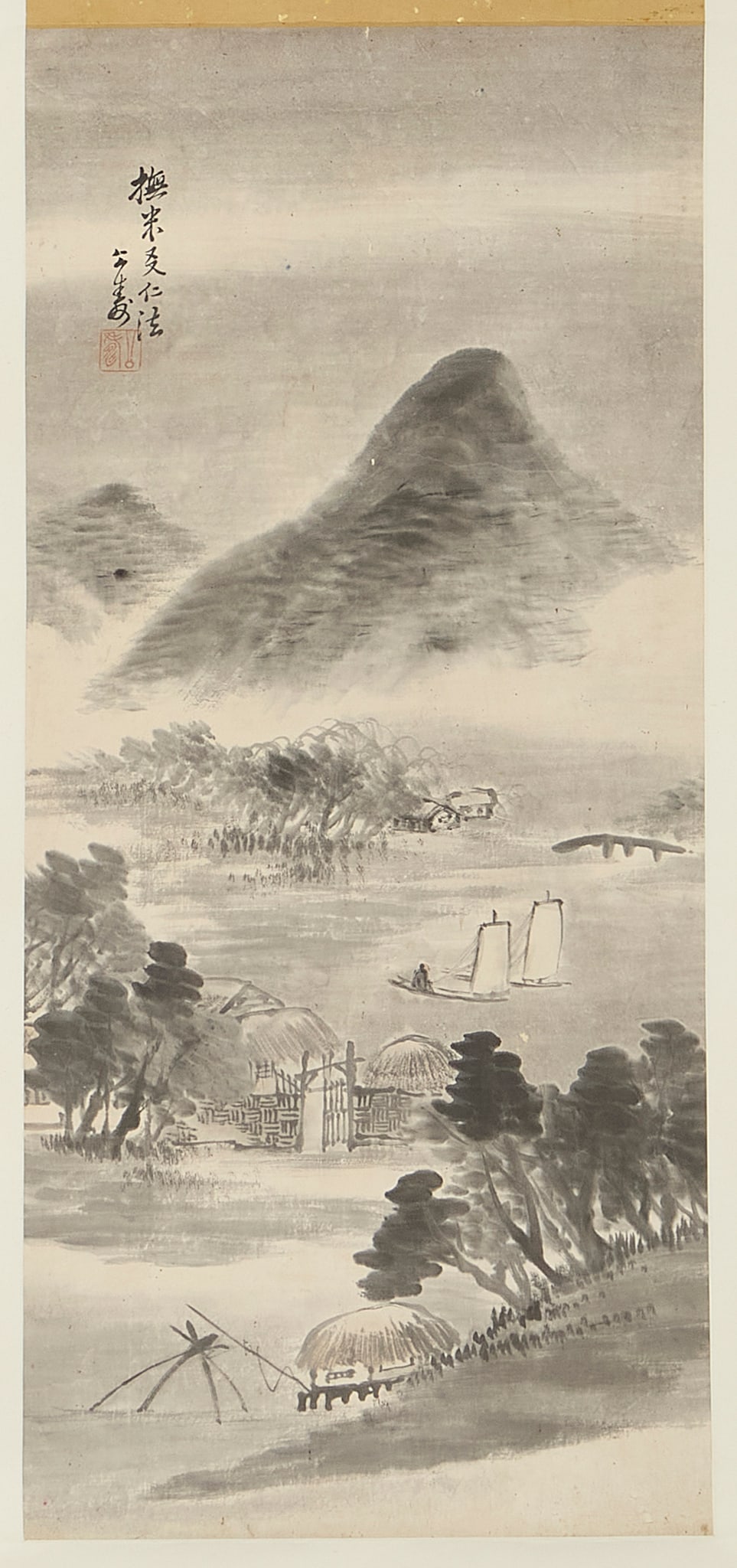 HU GONGSHOU (CHINESE, 1823-1886): HU GONGSHOU (CHINESE, 1823-1886) CHINESE INK PAINTING OF RIVER WITH BOATS AND DISTANT MOUNTAINS 胡公壽 泛舟圖 水墨紙本 立軸 