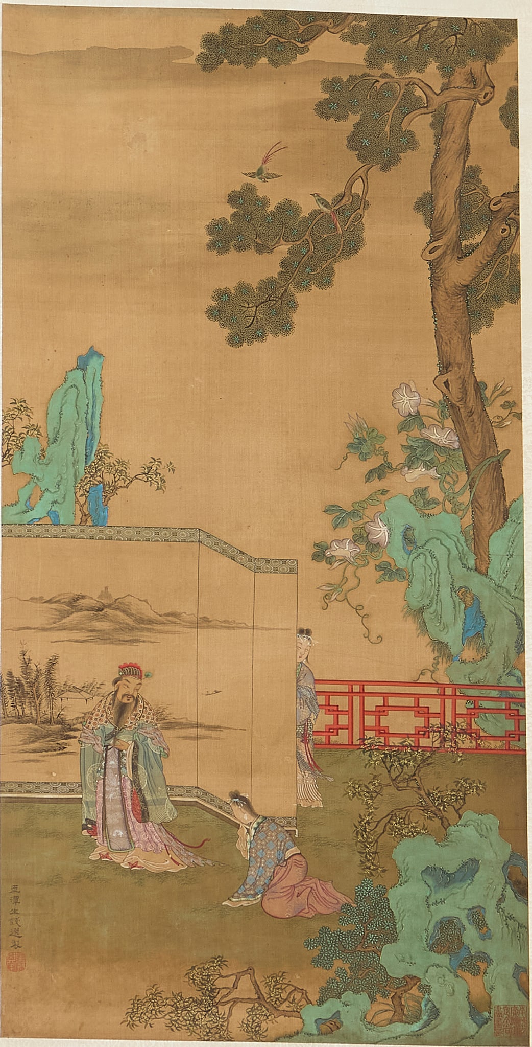 AFTER QIAN XUAN (CHINESE, 1239-1301): AFTER QIAN XUAN (CHINESE, 1239-1301) CHINESE INK PAINTING OF EMPEROR AND CONCUBINES IN THE PALACE OF THE HAN DYNASTY 錢選款 人物圖 水墨設色&