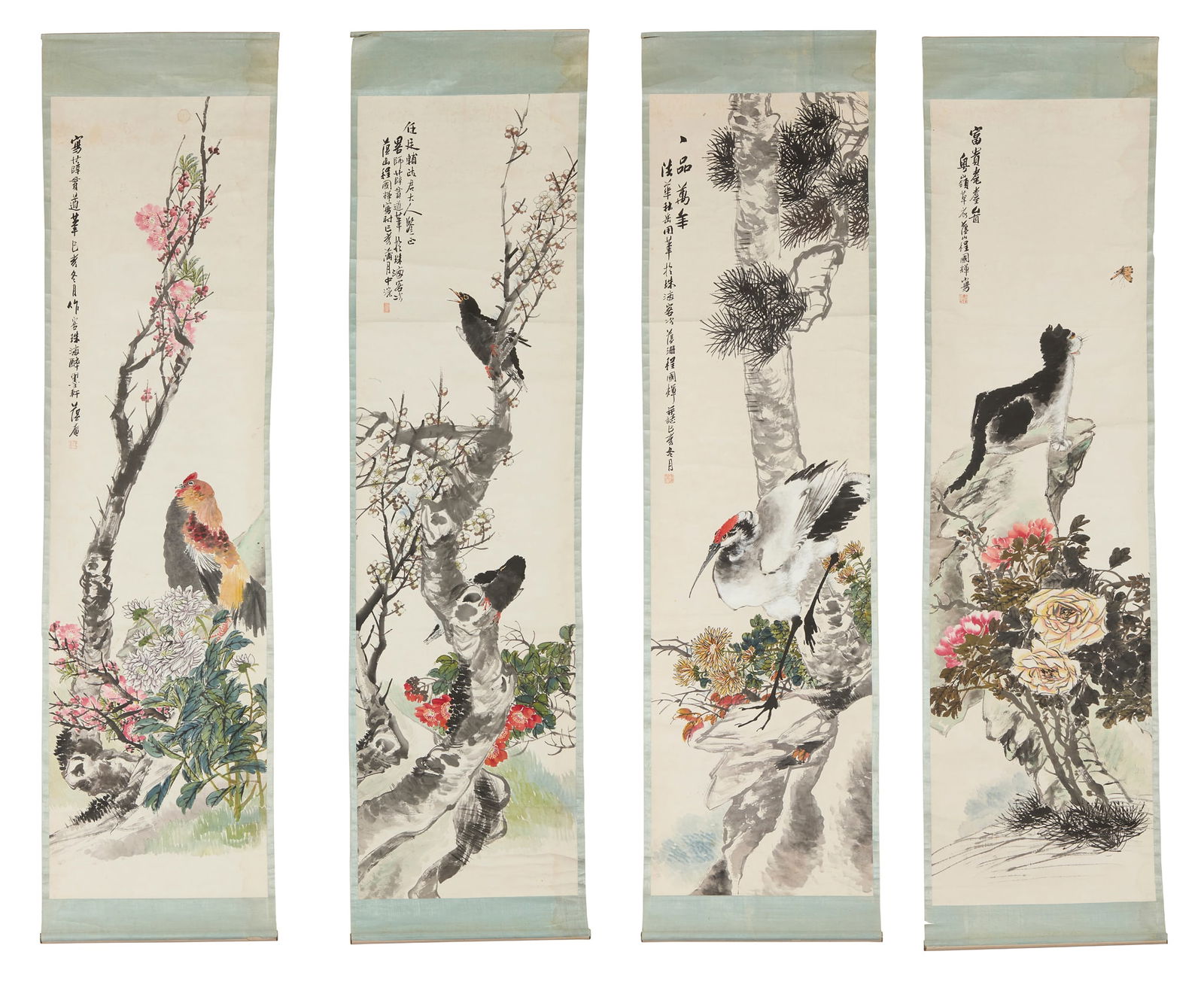 CHENG GUOHUI (CHINESE): CHENG GUOHUI (CHINESE) SET OF FOUR CHINESE INK PAINTINGS OF FLOWER AND ANIMAL 程國輝 花鳥動物圖 水墨設色絹本 立