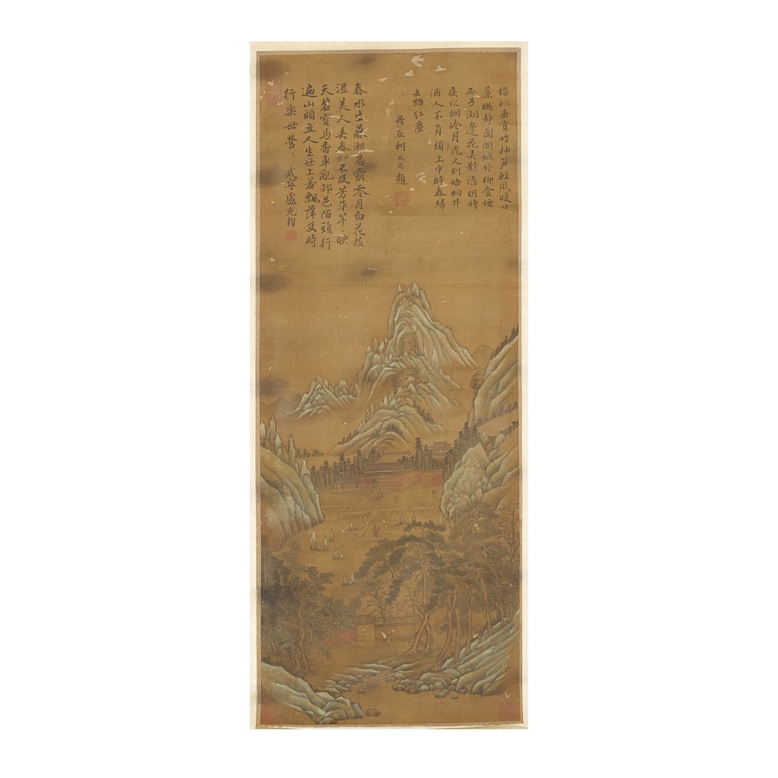 AFTER ZHAO BOJU (CHINESE, 1180-1182): AFTER ZHAO BOJU (CHINESE, 1180-1182) CHINESE INK PAINTING OF LANDSCAPE 趙伯駒款 山水圖 水墨設色絹本 立軸஽