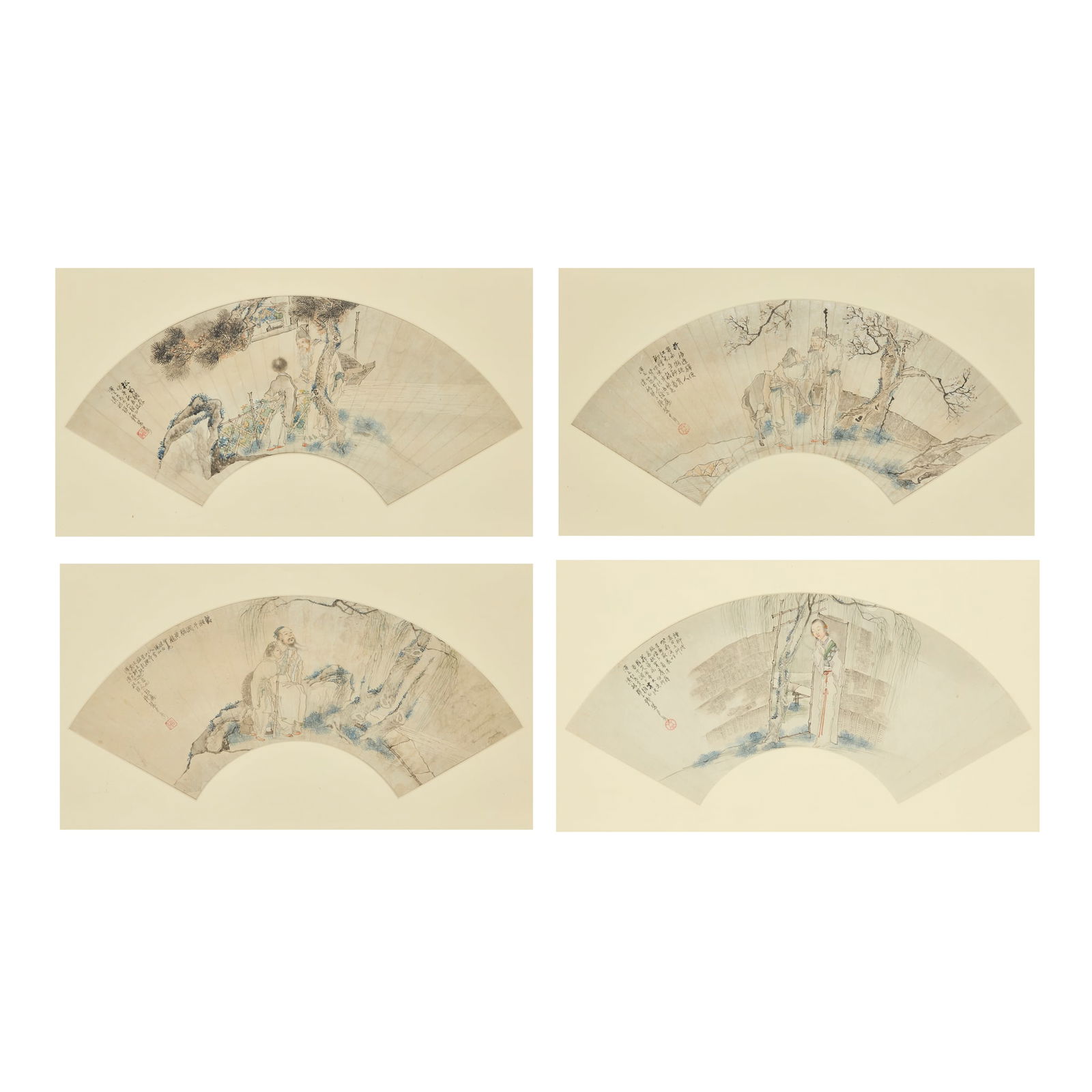 QIAN HUI'AN (CHINESE, 1833-1911), SHANGHAI SCHOOL: QIAN HUI'AN (CHINESE, 1833-1911), SHANGHAI SCHOOL GROUP OF FOUR CHINESE 'FIGURAL' FAN PAINTINGS 海派 錢慧安 人物圖扇頁 水墨š
