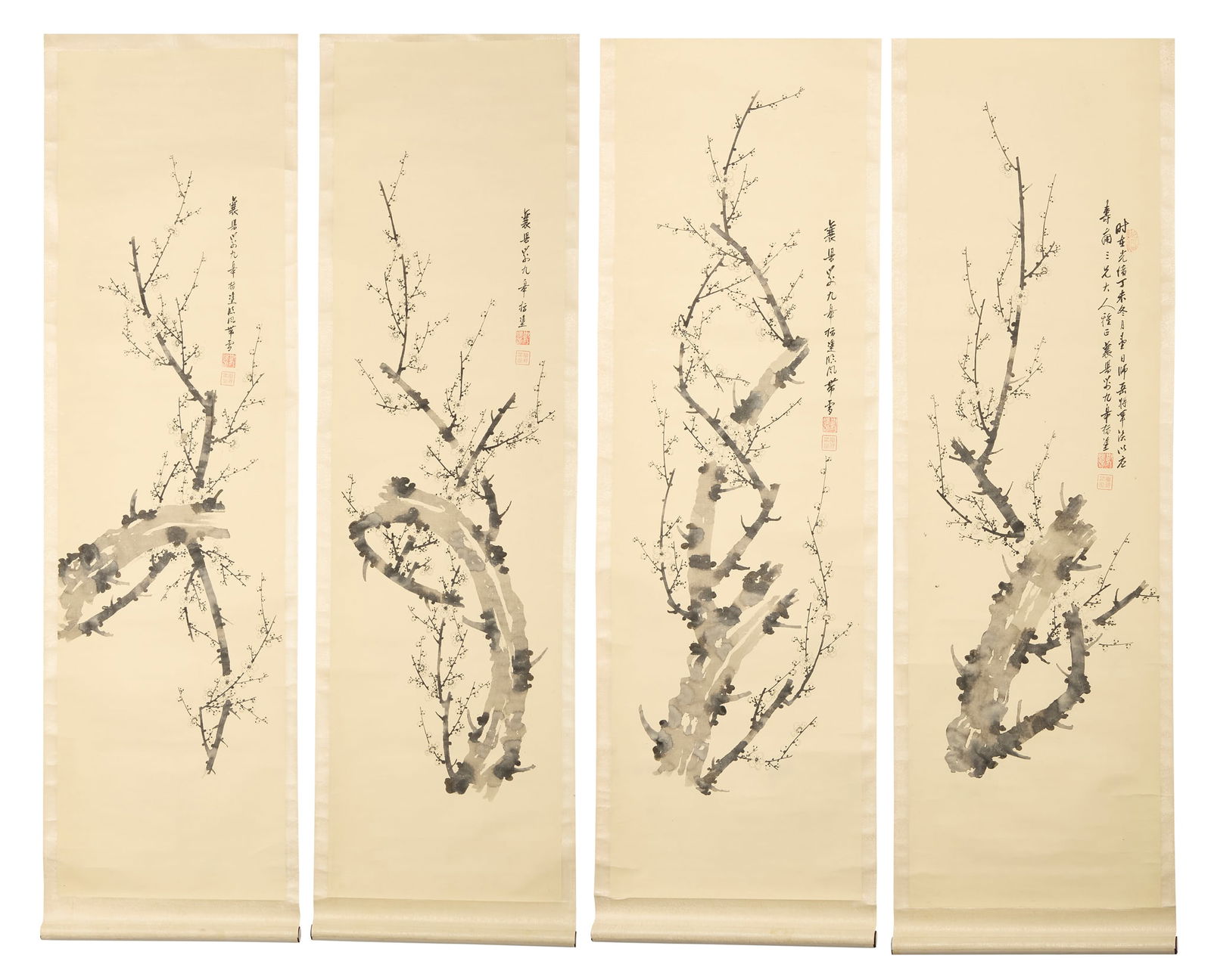 LIU JIUGAO (CHINESE): LIU JIUGAO (CHINESE) SET OF FOUR CHINESE INK PAINTINGS OF PLUM BLOSSOM IN SNOW, DATED TO 1907 一九零七年 劉九皋 梅圖 水墨紙