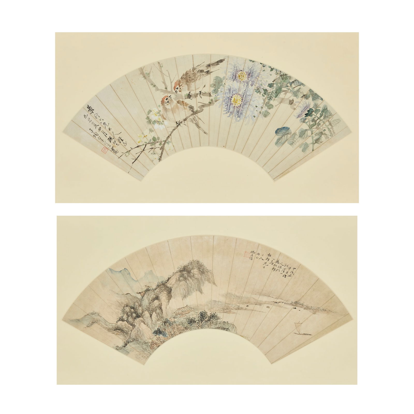SHEN QIJIN (CHINESE) AND ZI JUN (CHINESE): SHEN QIJIN (CHINESE) AND ZI JUN (CHINESE) TWO CHINESE FAN PAINTINGS 沈其縉 山水圖 及 子均
