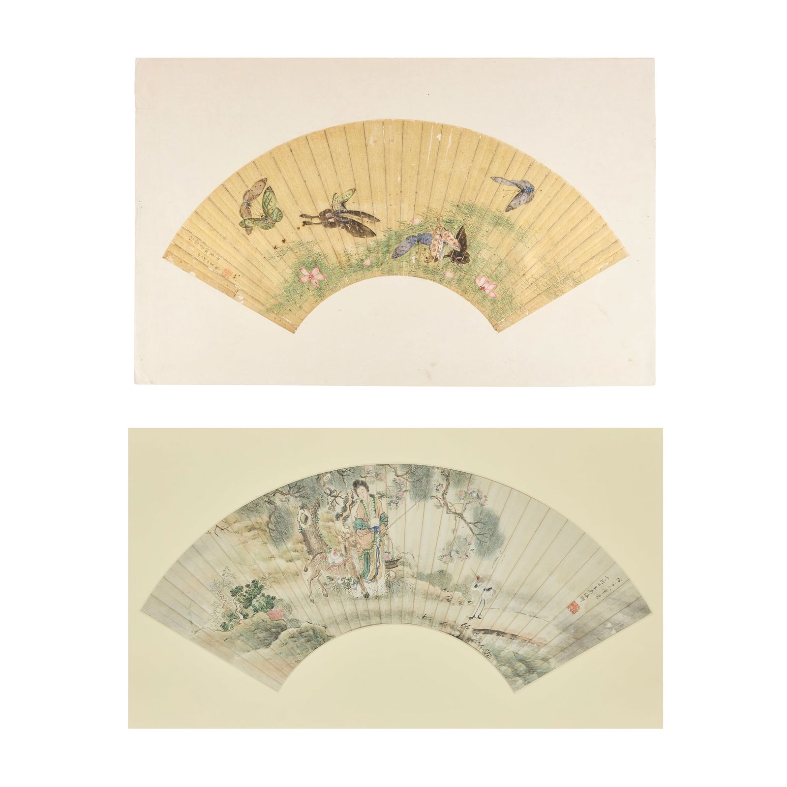 AFTER WU XIAOHE (WU LUQING, CHINESE): AFTER WU XIAOHE (WU LUQING, CHINESE) TWO CHINESE FAN PAINTINGS, QING DYNASTY 清 吳小荷/祿卿款 麻姑圖