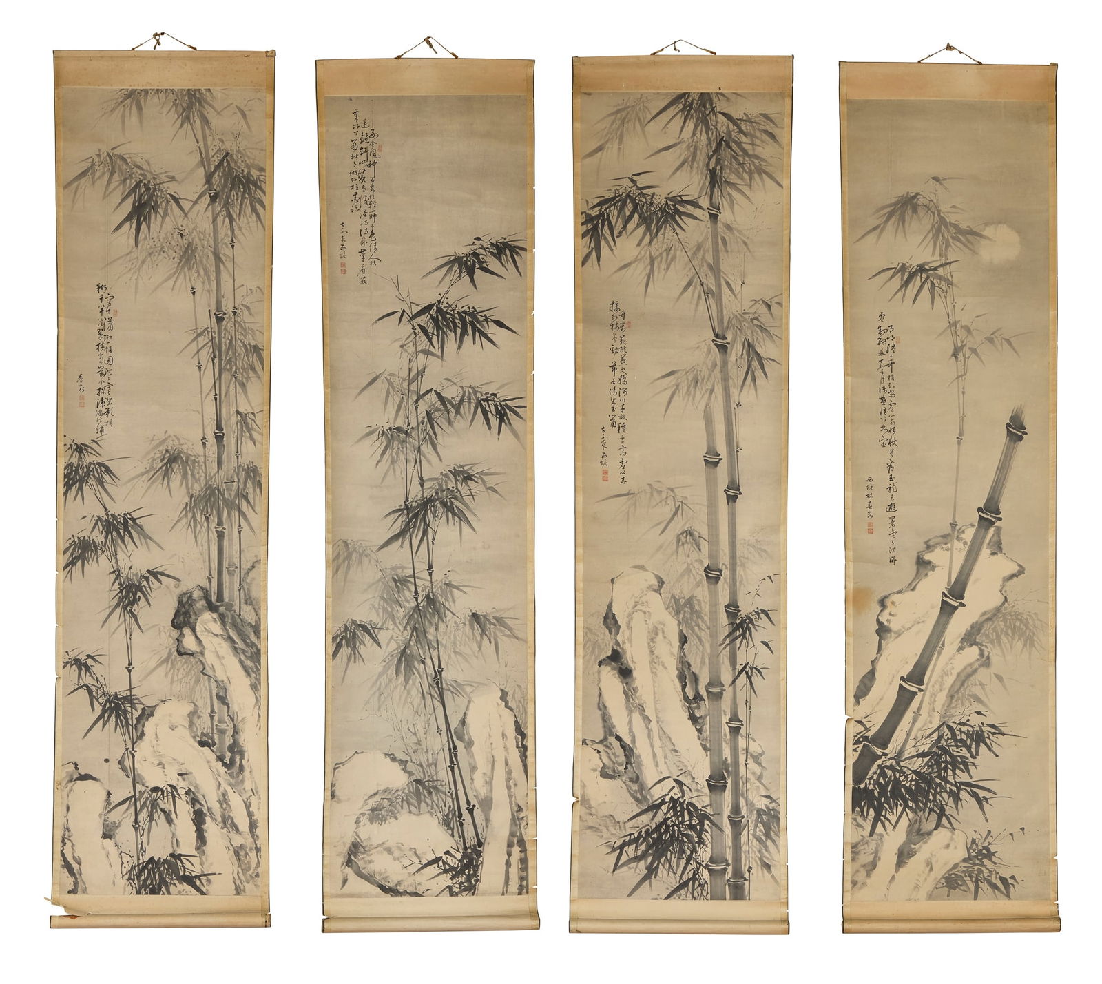 SIGNED XI TANG (CHINESE): SIGNED XI TANG (CHINESE) SET OF FOUR CHINESE STUDIES OF BAMBOO 西塘款 竹石圖 水墨紙本 立軸