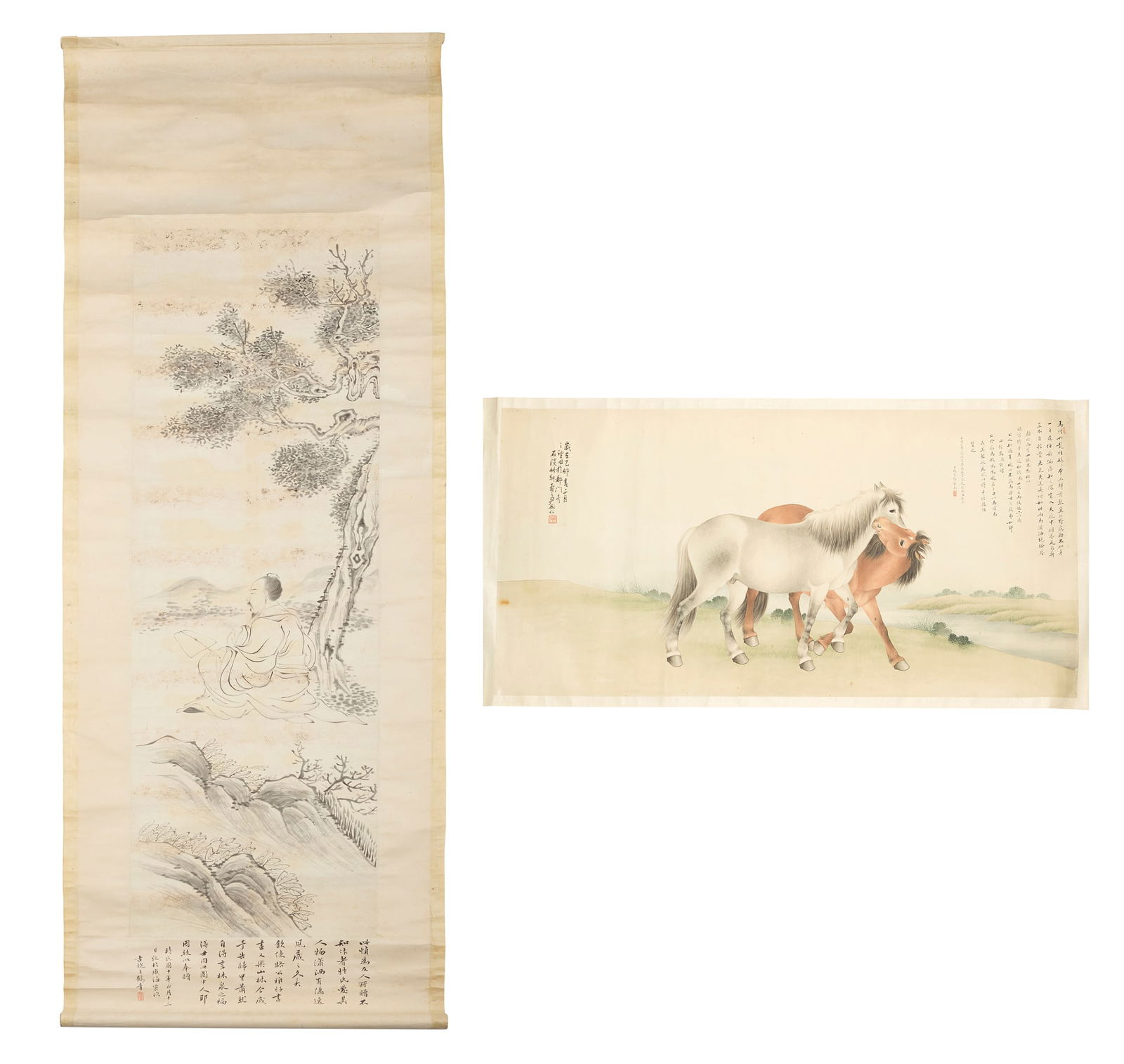 ONE BY YIN MINREN (CHINESE), ONE ANONYMOUS: ONE BY YIN MINREN (CHINESE), ONE ANONYMOUS TWO CHINESE INK PAINTINGS, DEDICATED TO SIR JAMES STEWART LOCKHART 尹敏仁 二駿圖 水墨設色紙