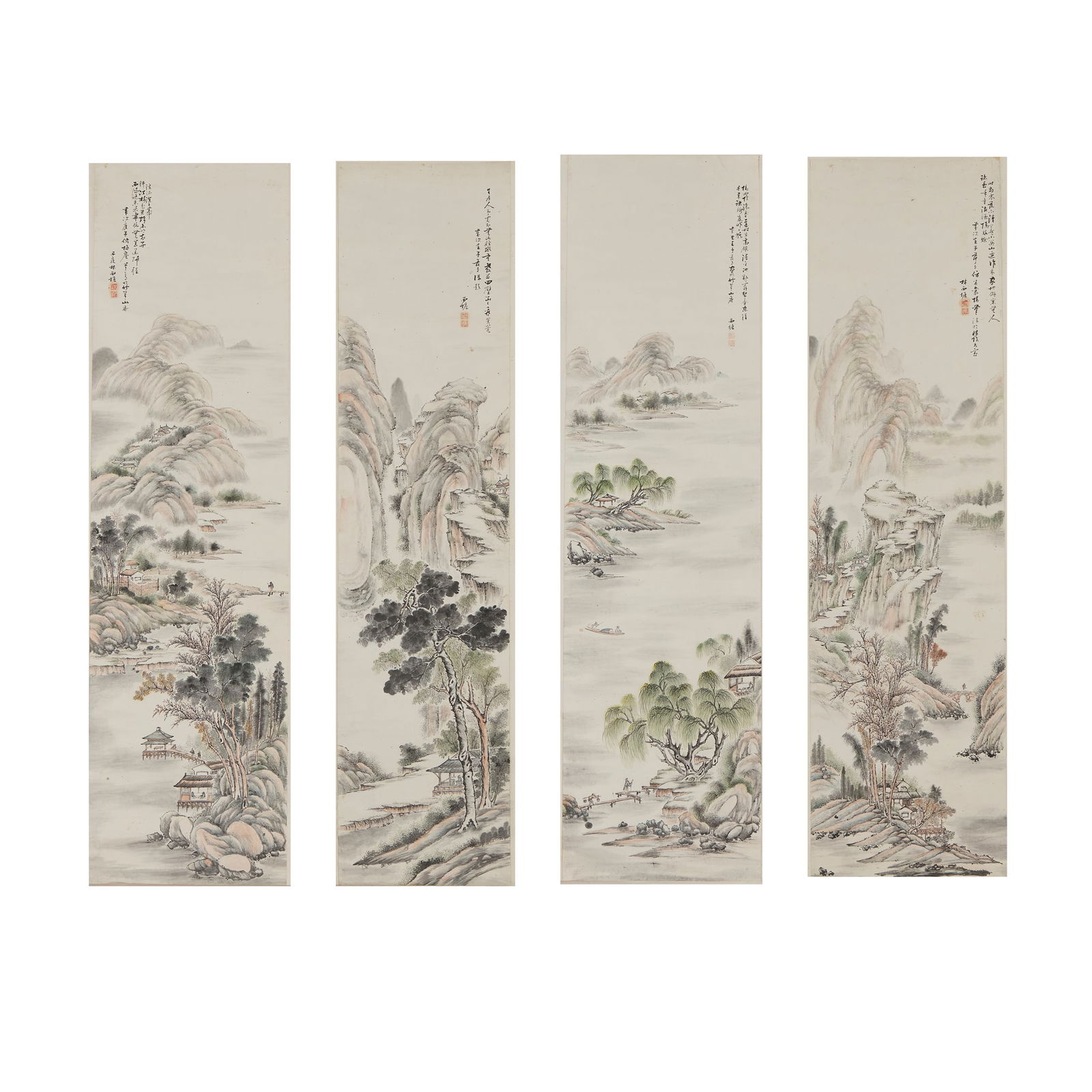 SIGNED XI TANG (CHINESE): SIGNED XI TANG (CHINESE) SET OF FOUR CHINESE LANDSCAPE PAINTINGS, LATE QING DYNASTY TO REPUBLIC PERIOD 清末民初 西塘款 山水圖