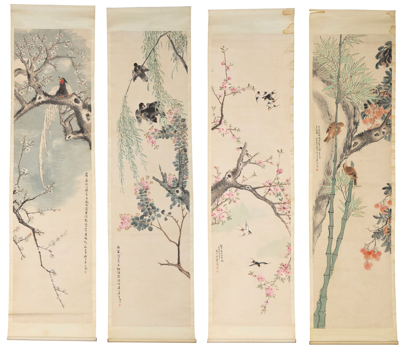LUO SANFENG (CHINESE): LUO SANFENG (CHINESE) SET OF FOUR CHINESE INK PAINTINGS OF BIRDS 羅三峯 花鳥圖 水墨設色紙本