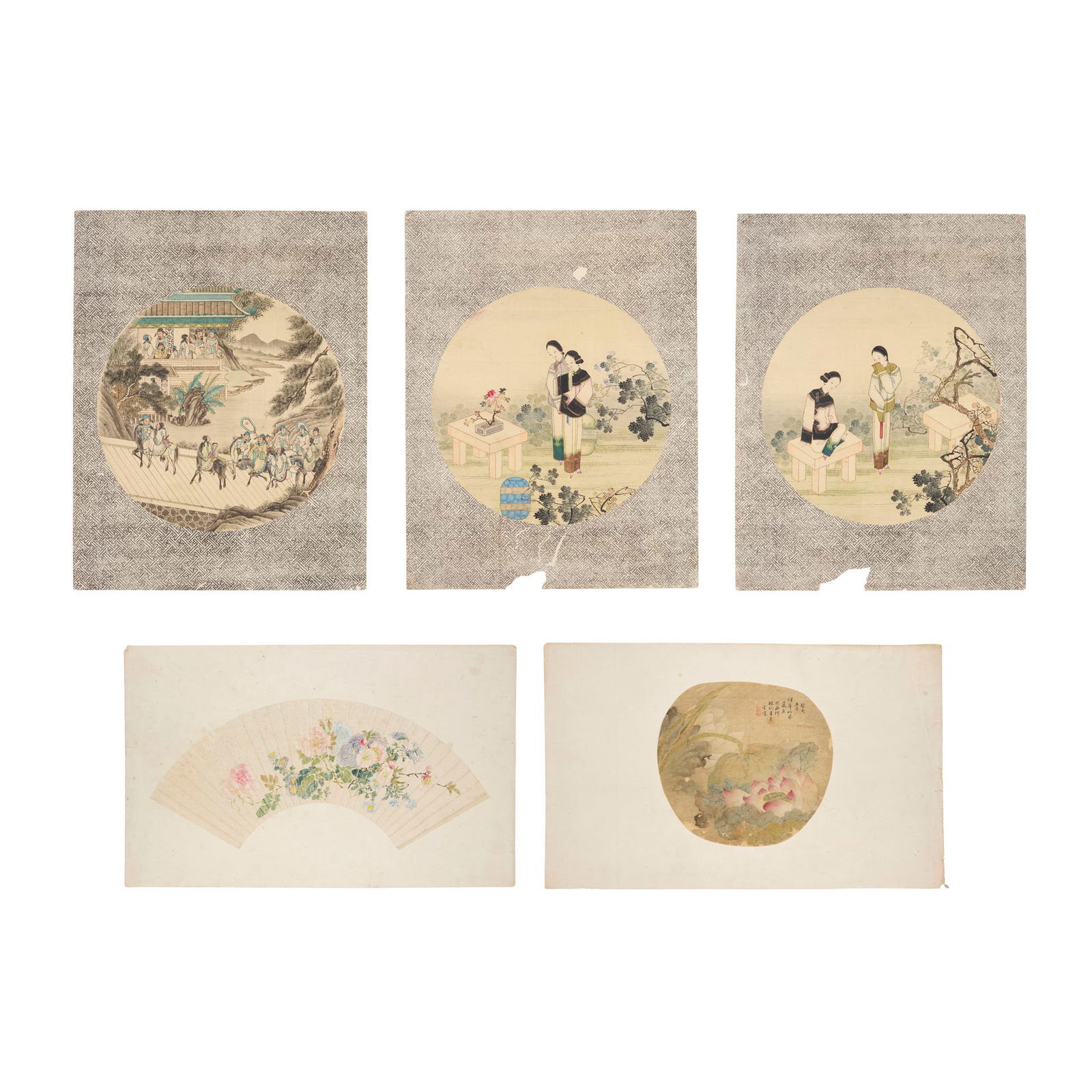 ONE AFTER YUN XIANG, FOUR ANONYMOUS: ONE AFTER YUN XIANG, FOUR ANONYMOUS GROUP OF FIVE CHINESE FAN PAINTINGS 雲驤款 荷圖 及 佚名 人物圖 水墨設色