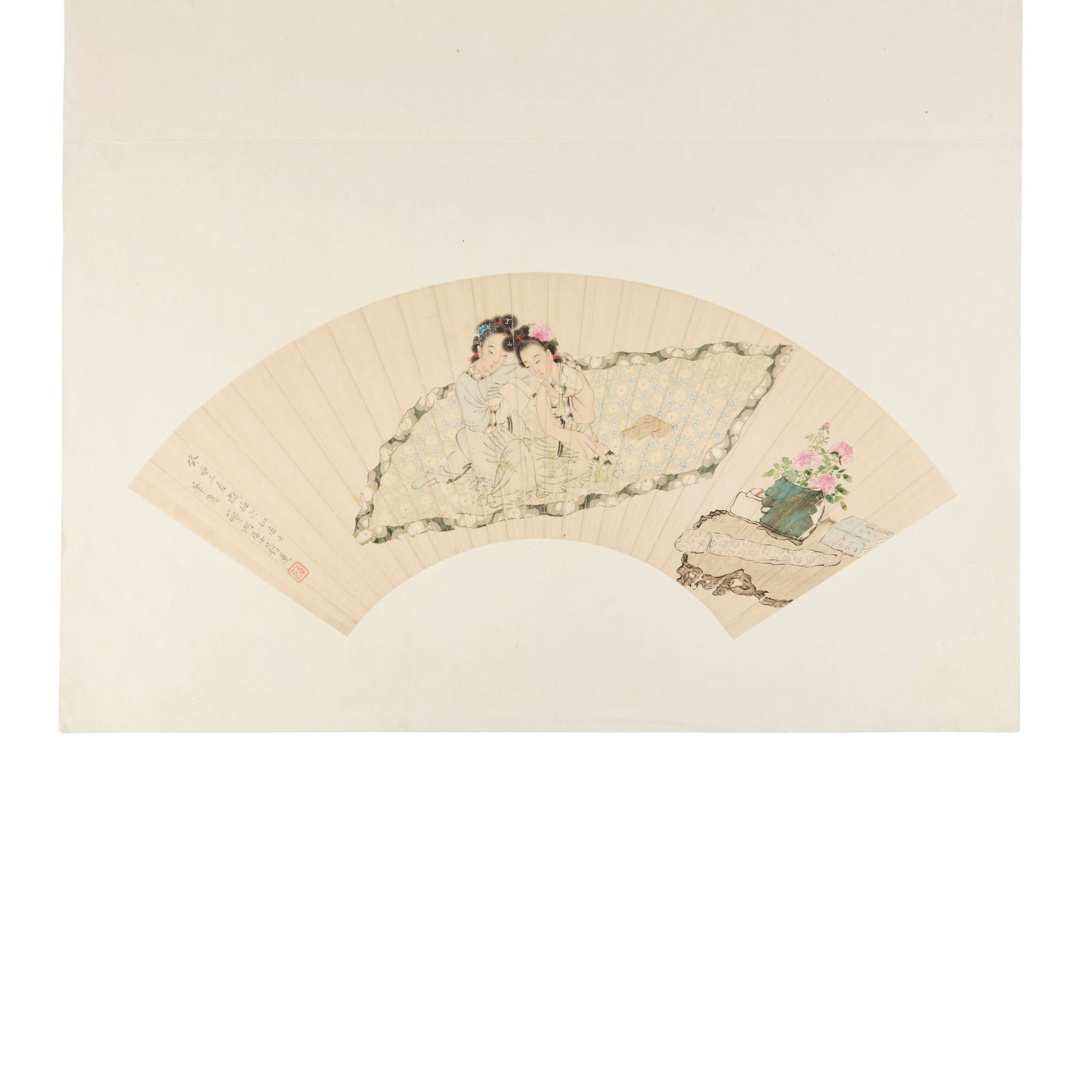 JIANG LIAN (CHINESE, CA. 1769-?): JIANG LIAN (CHINESE, CA. 1769-?) CHINESE FAN PAINTING: TWO SEATED FEMALE FIGURES WITH PEONIES AND LUTE 蔣蓮 仕女圖 水墨設色紙本