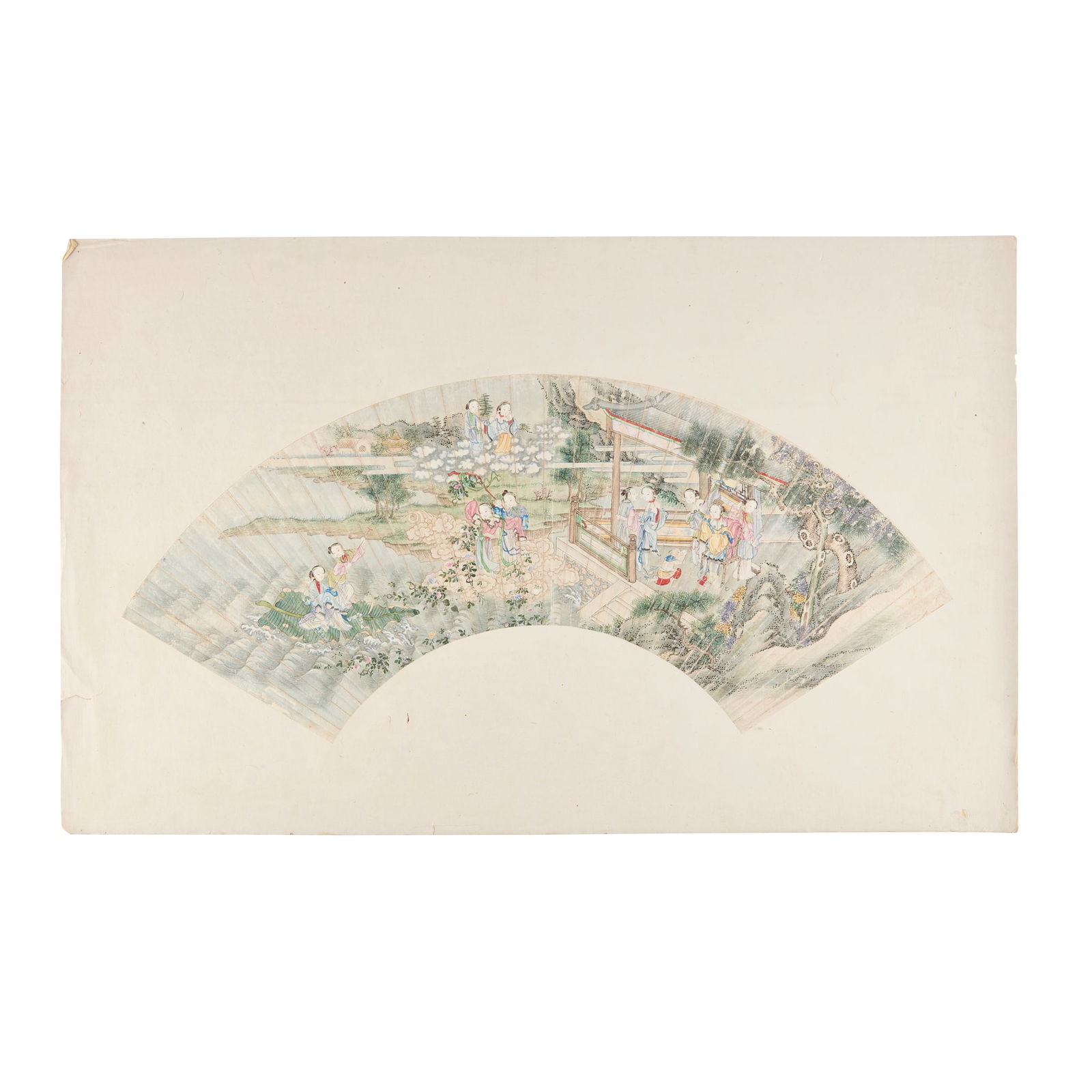 ANONYMOUS: ANONYMOUS CHINESE FAN PAINTING OF FEMALE IMMORTAL WITH A PAVILION AND RIVER 佚名 西王母祝壽圖 水墨設色紙本 扇&