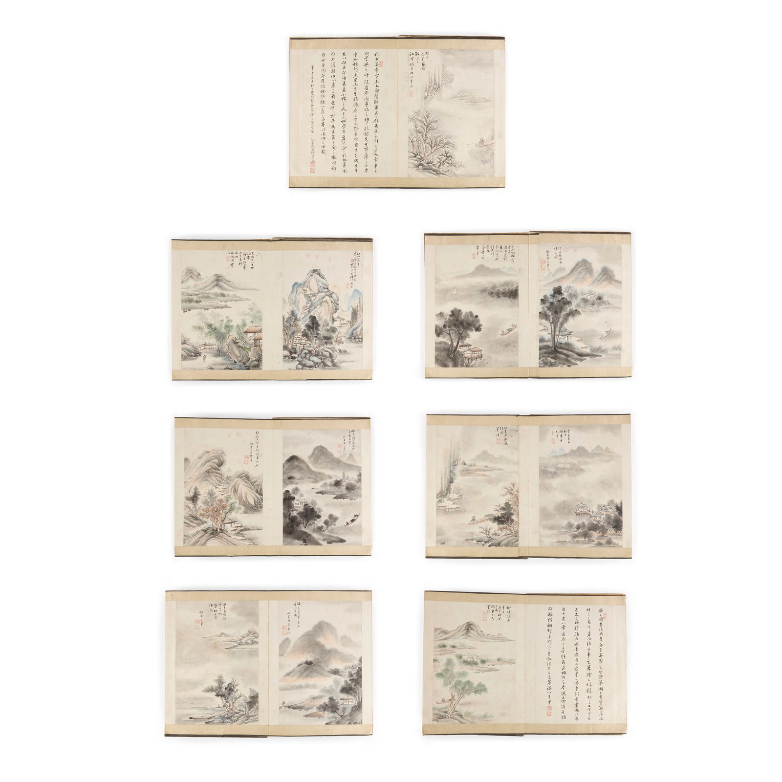 SIGNED XI TANG (CHINESE): SIGNED XI TANG (CHINESE) BOOK OF TWELVE CHINESE LANDSCAPE PAINTINGS, LATE QING DYNASTY TO REPUBLIC PERIOD 清末民初 西塘款