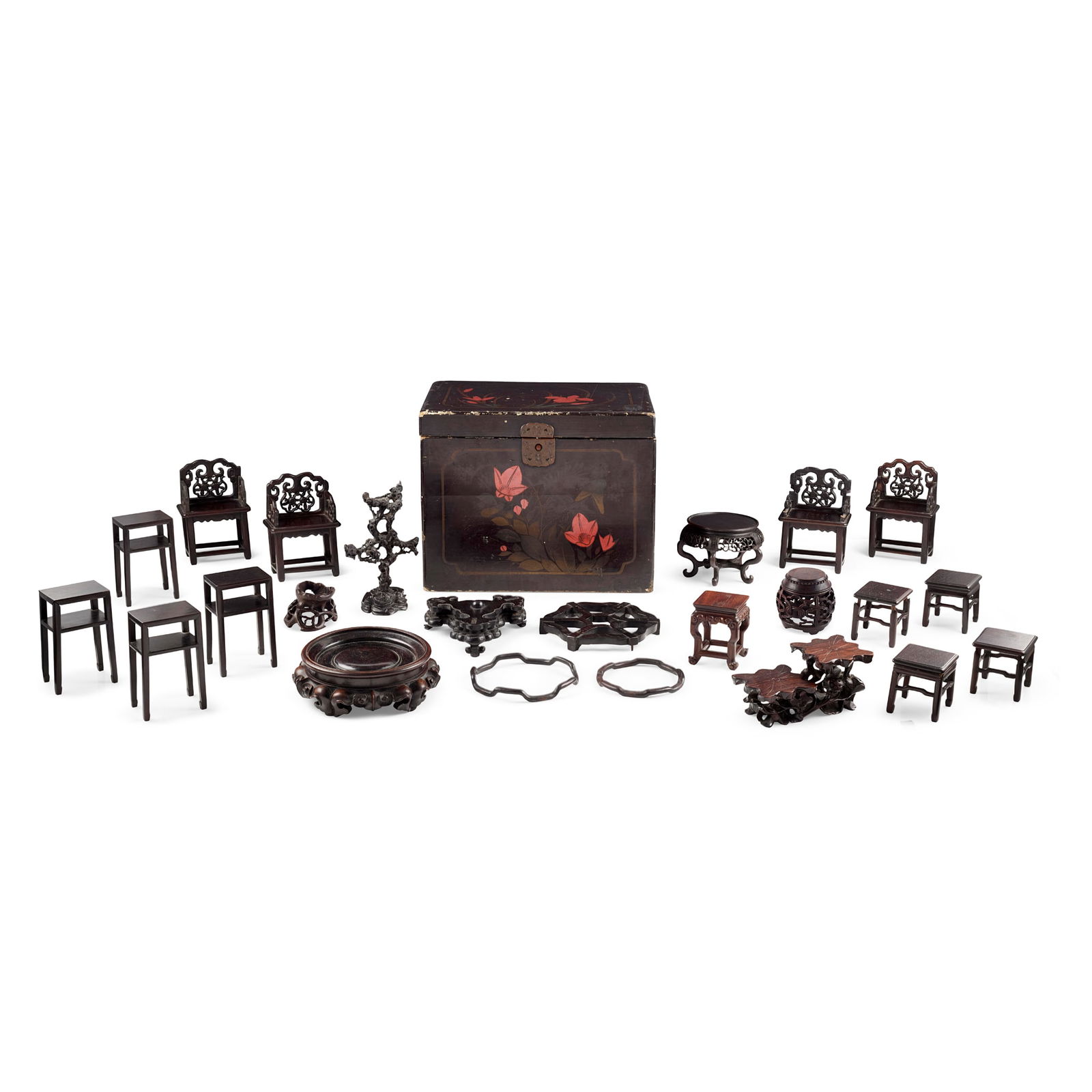 GROUP OF THIRTEEN CHINESE MINIATURE HARDWOOD FURNITURE AND TEN STANDS (1 of 3)