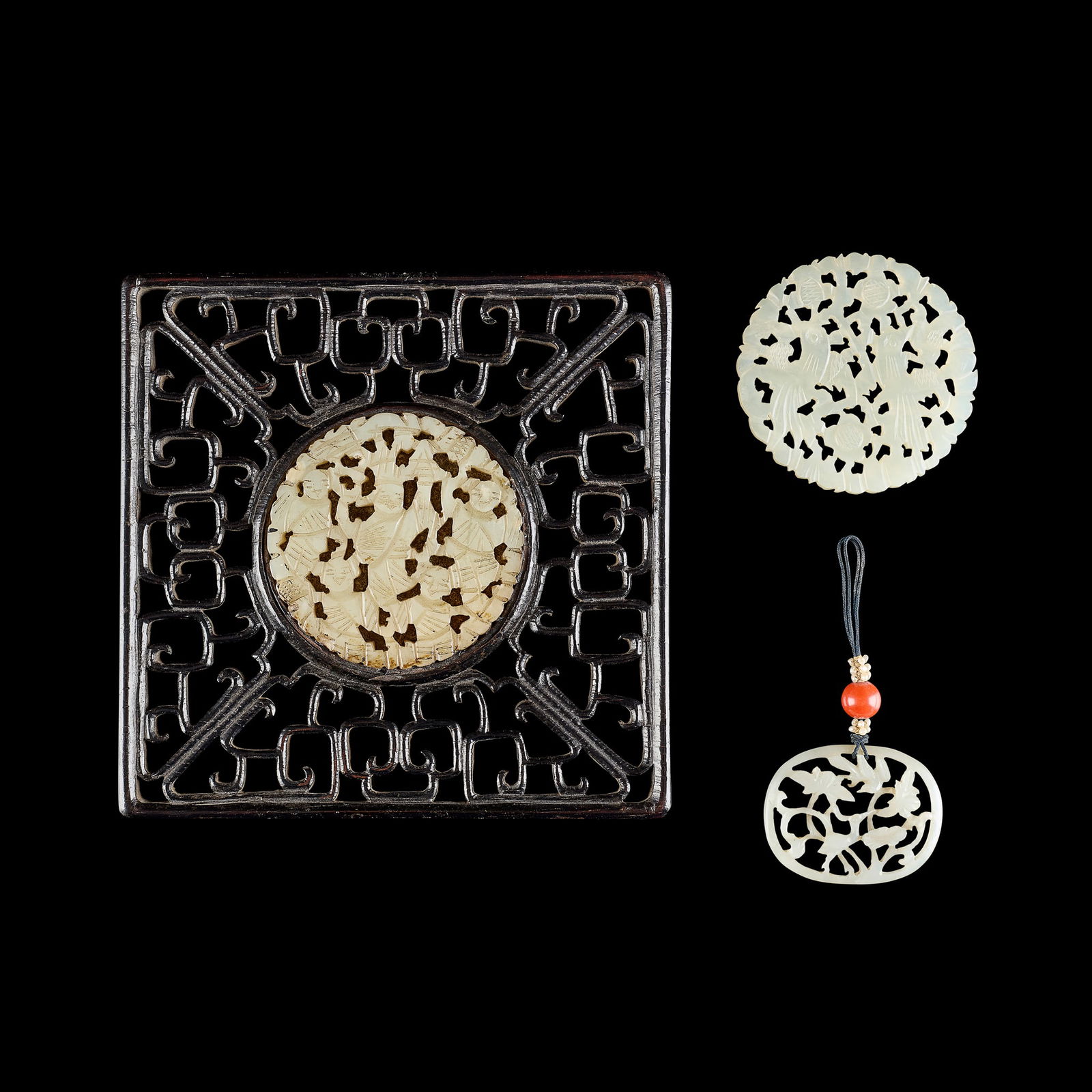 TWO CHINESE CARVED JADE AND ONE HARDSTONE PLAQUES (1 of 1)